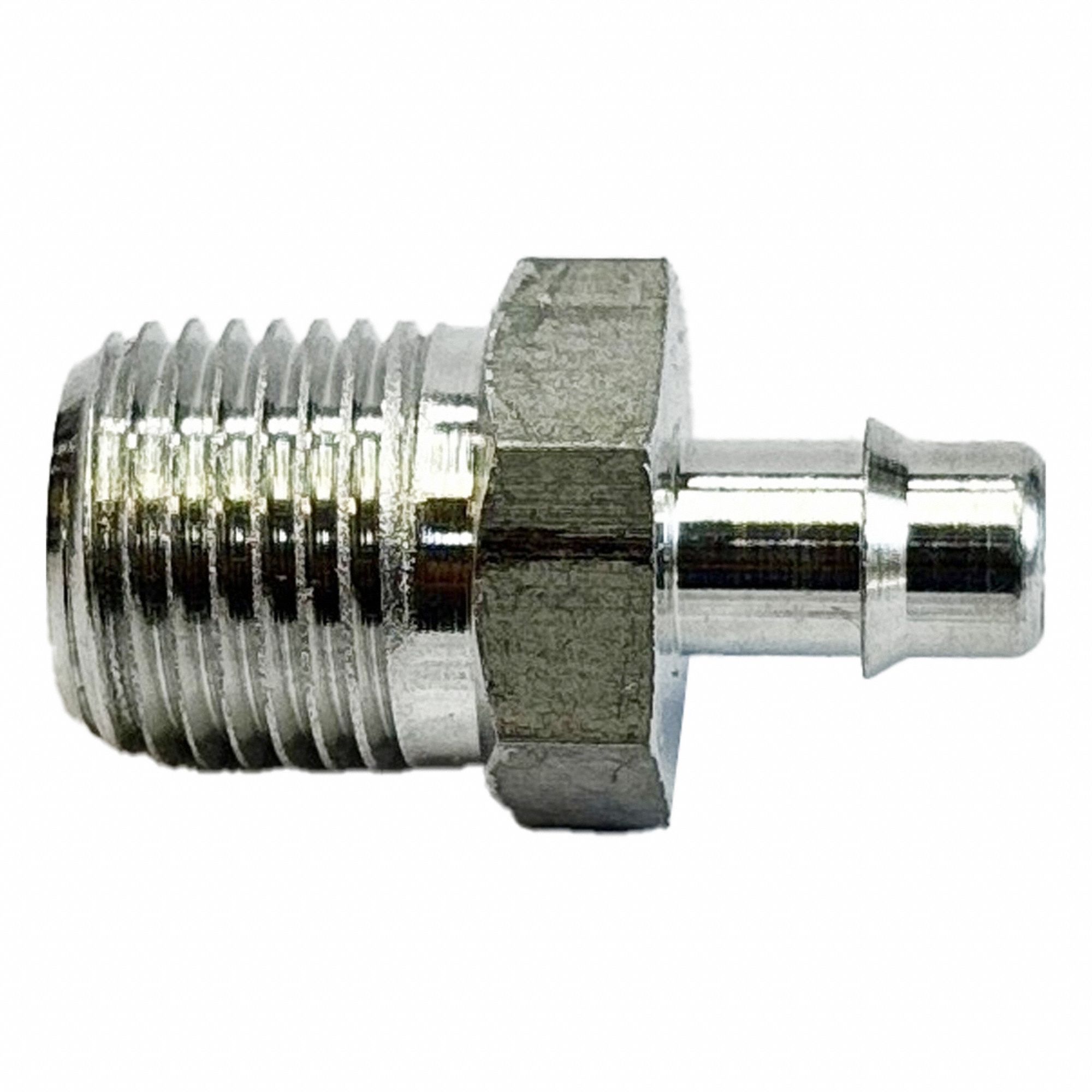 Mini Barb Fitting: MNPT x Tube, 3/16 in ID Size, Aluminum, 27/32 in Overall Lg