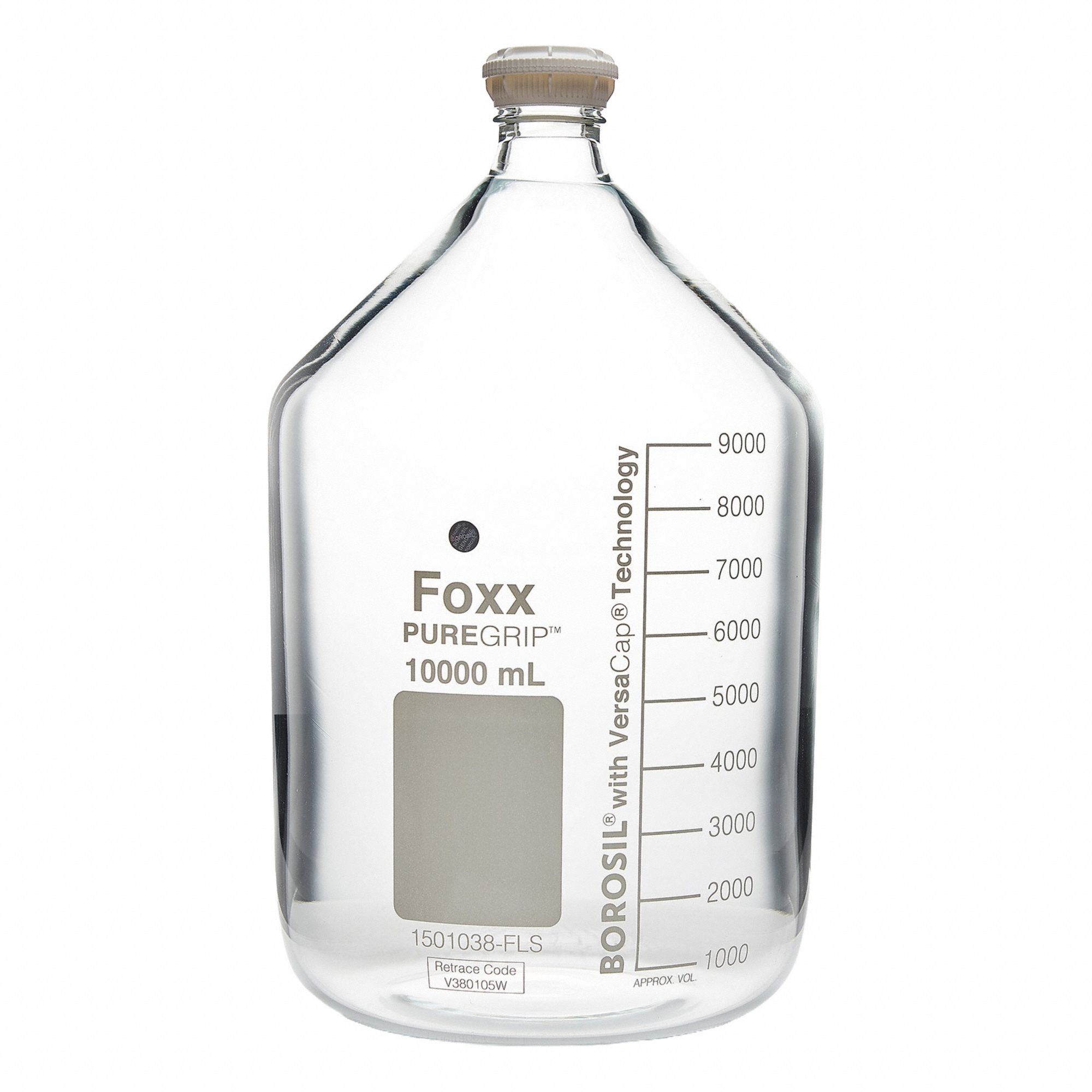 FOXX LIFE SCIENCES Glass Media, BOD, & Specialty Lab Bottles - Glass Lab Media Bottles: 20 L, GL45 (MPN 1501040-FLS). Key specifications — Closure Type: Screw-On; Mouth Size: Wide; Screw Closure Size: GL45; Brand: FOXX LIFE SCIENCES; Body Color: Colorless.
