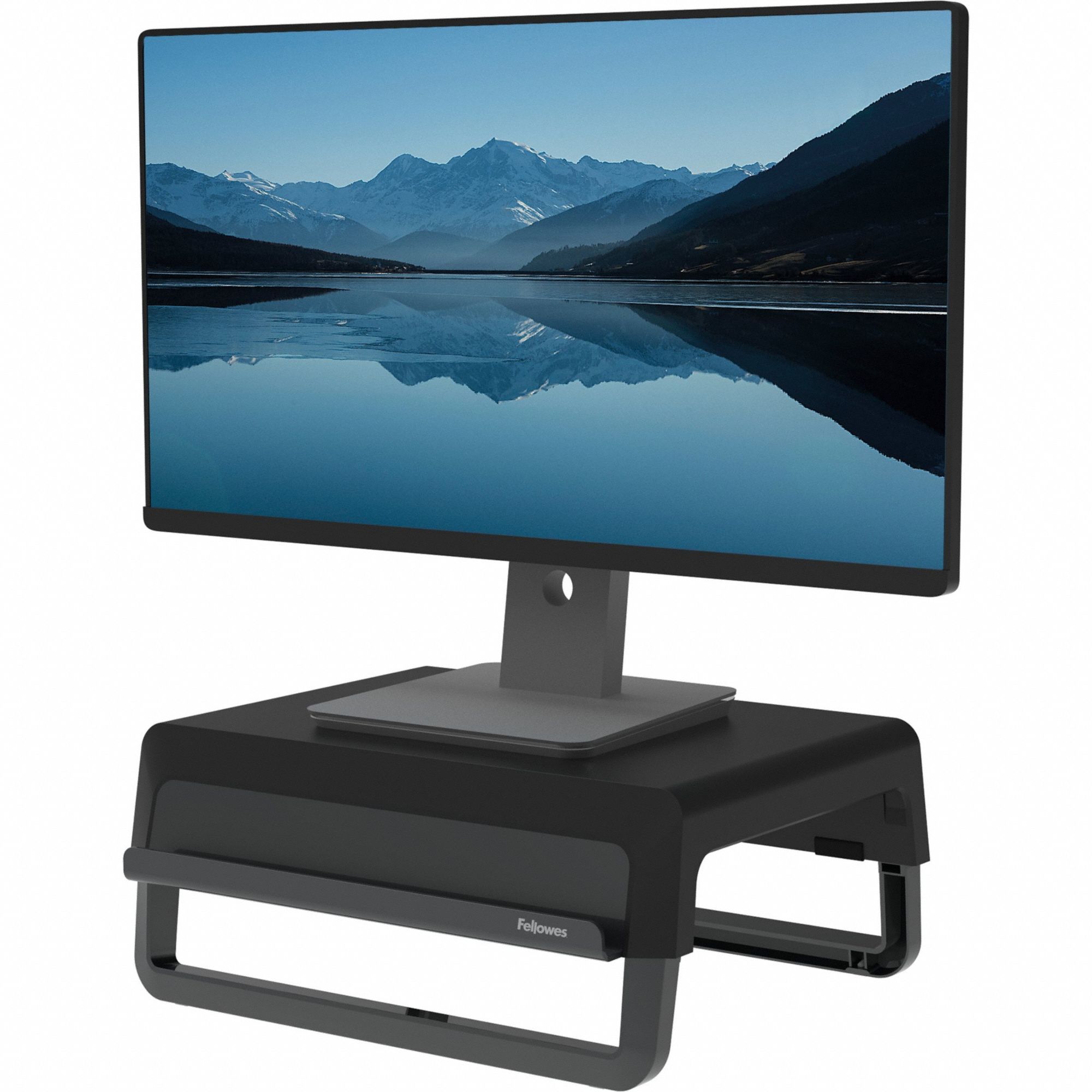 Monitor Stand: Black, 5 7/8 in Max Ht, 3 1/4 in Min Ht, 14 in Overall Wd, 12 in Overall Dp