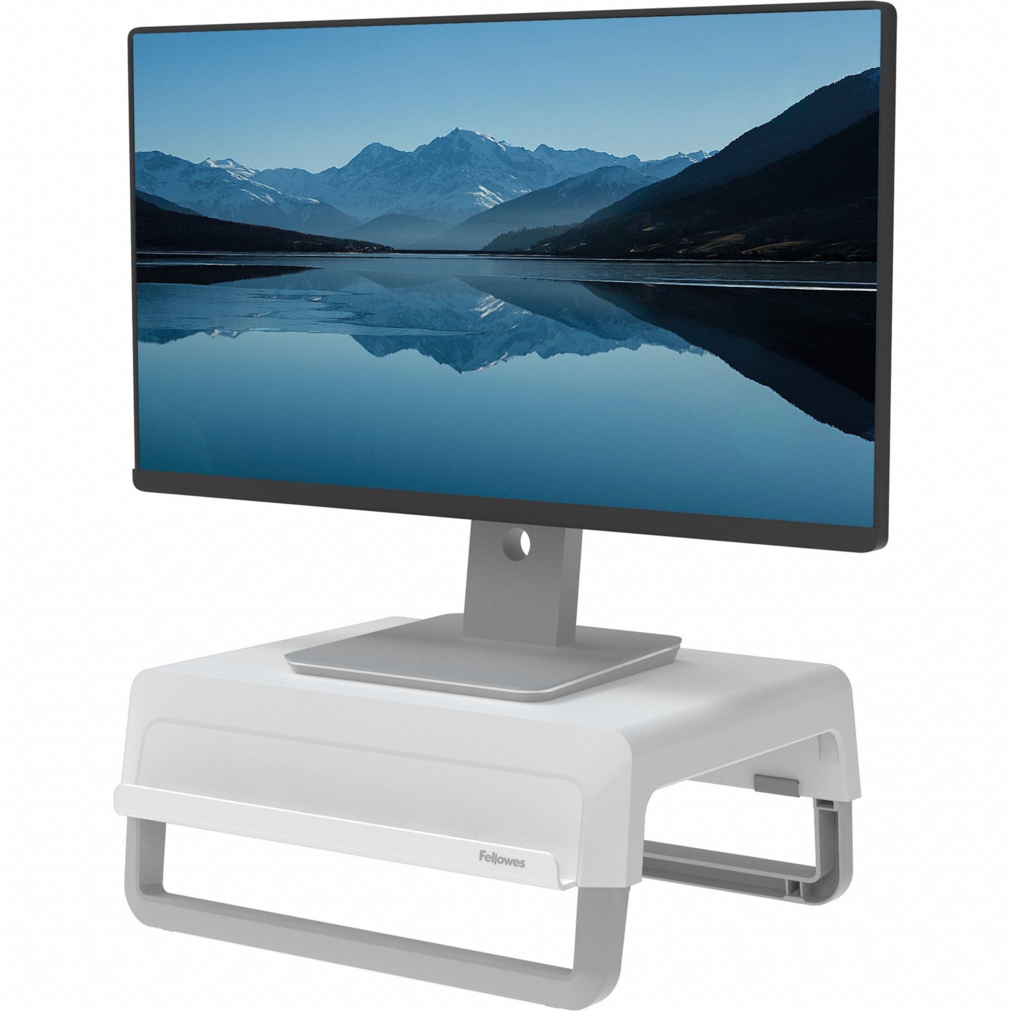 Monitor Stand: White, 5 7/8 in Max Ht, 3 1/4 in Min Ht, 14 in Overall Wd, 12 in Overall Dp