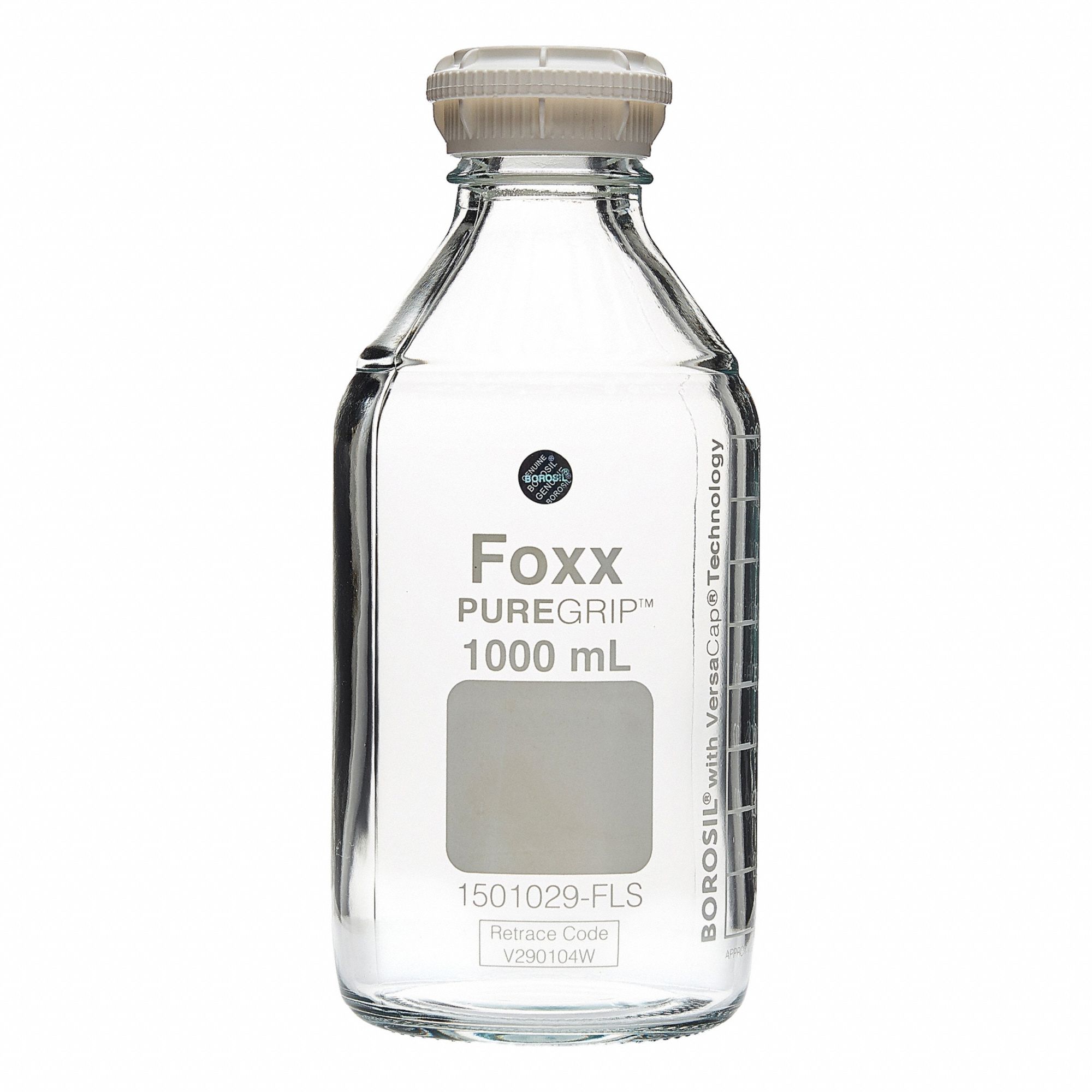 FOXX LIFE SCIENCES Glass Media, BOD, & Specialty Lab Bottles - Glass Lab Media Bottles: 2 L, GL45 (MPN 1501030-FLS). Key specifications — Closure Type: Screw-On; Mouth Size: Wide; Screw Closure Size: GL45; Brand: FOXX LIFE SCIENCES; Body Color: Colorless.