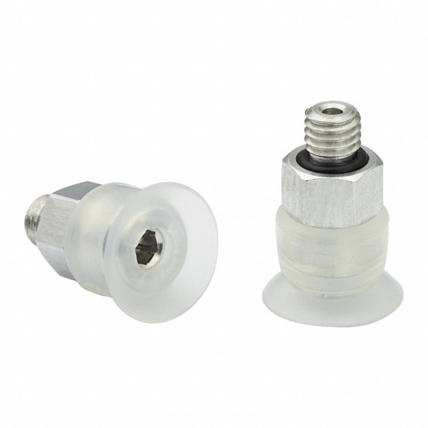 Vacuum Pad Assembly: Flat, M5 Vacuum Port, 11.2 mm Pad Dia, Food Grade Silicone Rubber, 55 A