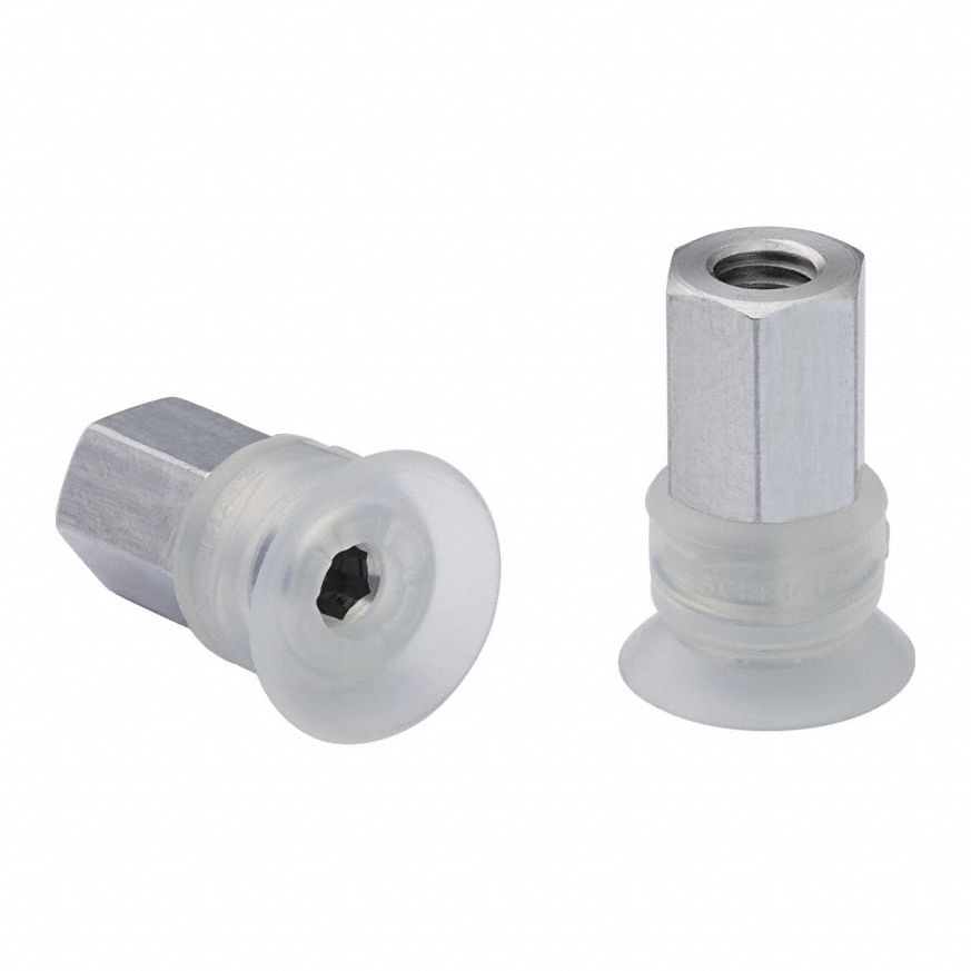 Vacuum Pad Assembly: Flat, M5 Vacuum Port, 11.2 mm Pad Dia, Food Grade Silicone Rubber, 55 A