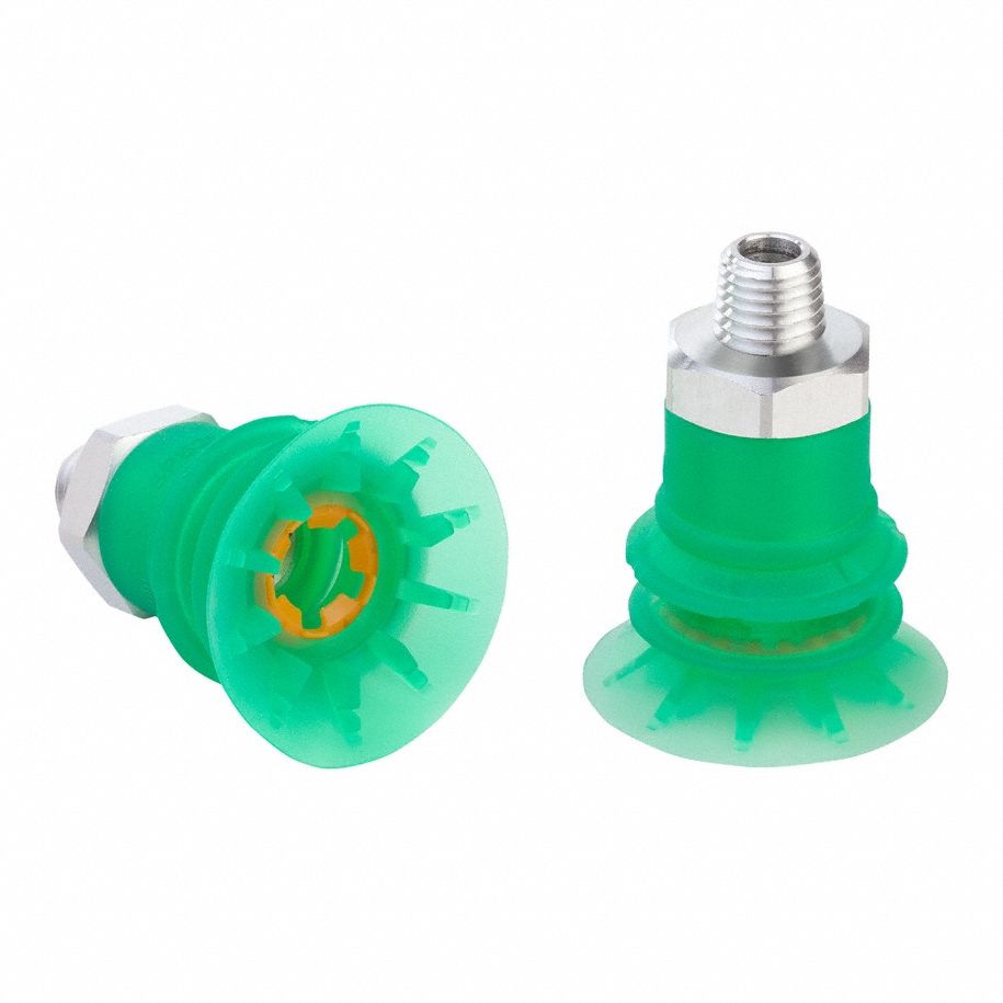 Vacuum Pad Assembly: Multi-Bellows, 2.5 Folds, 1/4 in NPT Vacuum Port, 42 mm Pad Dia, Green