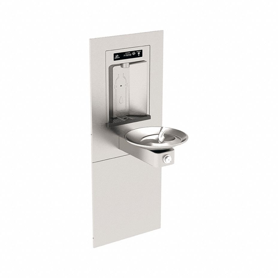 HAWS Drinking Fountain: In-Wall, Non-Refrigerated, Push Button Fountain & Touchless Bottle Filler (MPN 1001HSA). Key specifications — Brand: HAWS; Housing Material: Stainless Steel; Filter Access: Bottom Panel Access; Housing Finish: Satin; Chilling Capacity: Non-Refrigerated; Housing Color: Silver.