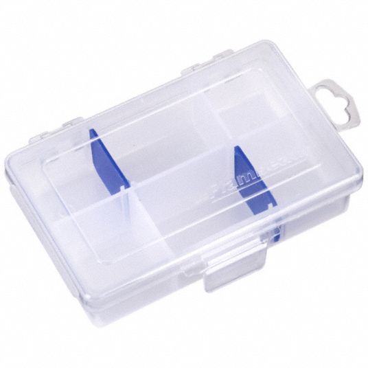 FLAMBEAU Adjustable Compartment Box: 4 5/8 in x 1 1/4 in, Clear, 6  Compartments, 2 Adj Dividers