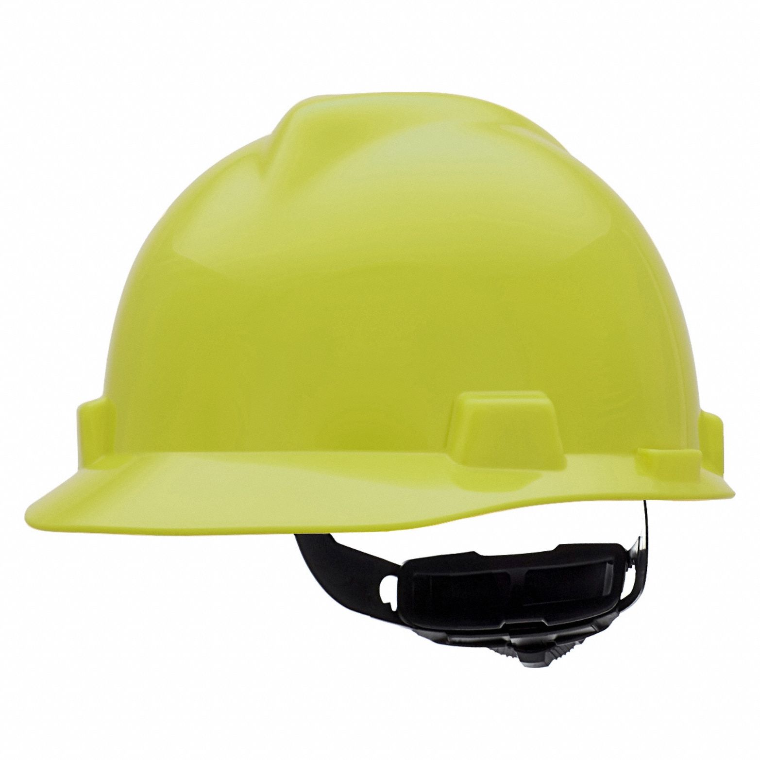 Hard Hat: Yellow, No Graphics, Ratchet (4-Point), Ratchet, Polyethylene, Side-Slots, MSA, Solid