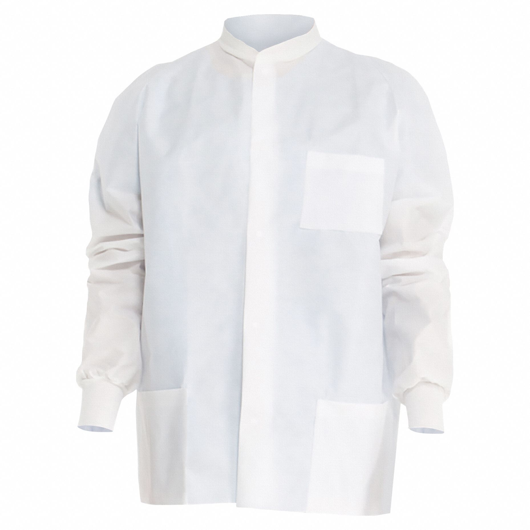 Lab Jacket: SMS, Knit Collar, Snaps Closure, 3 Pockets, Elastic Knit Cuff, White, L