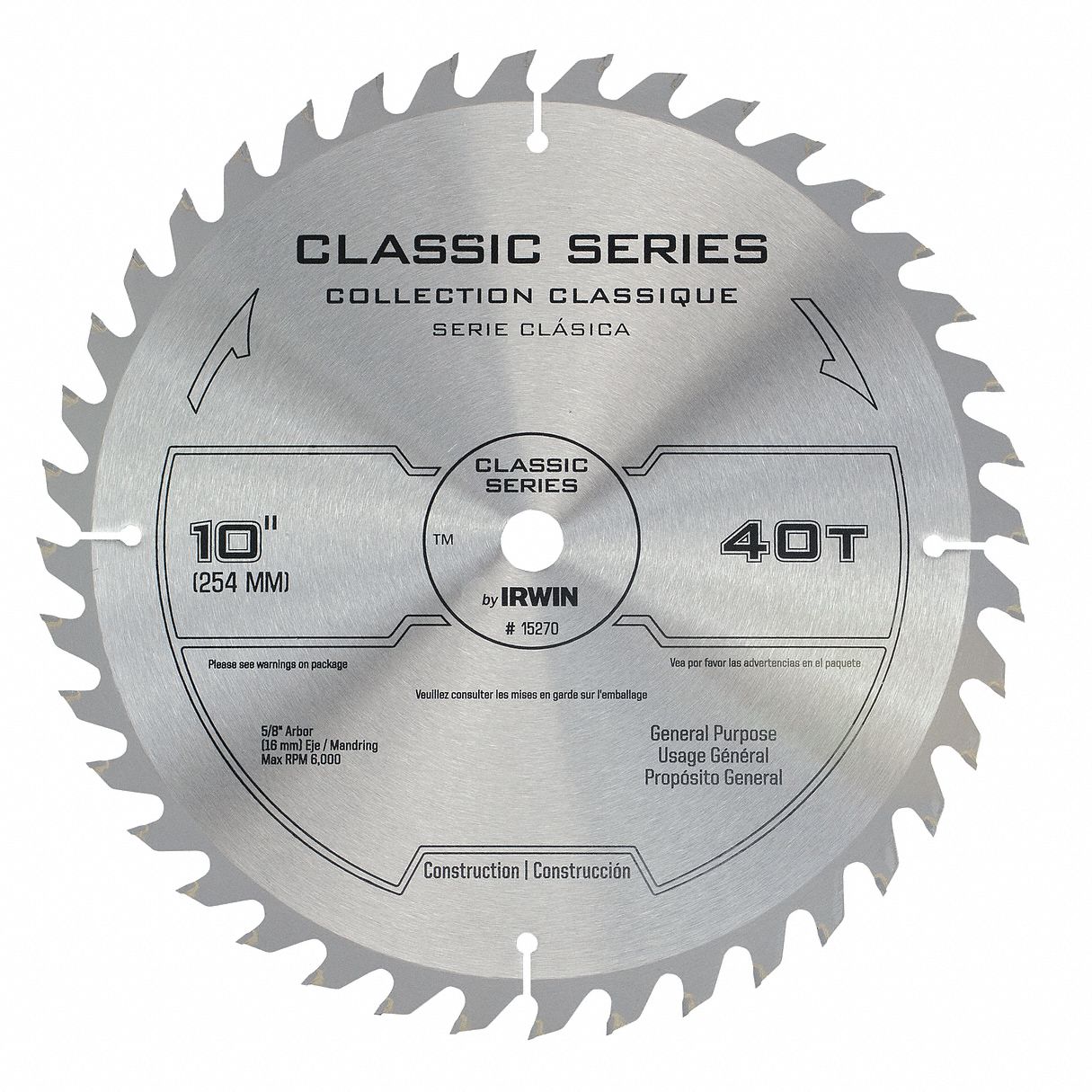 CIRCULAR SAW BLADE, CARBIDE, 10 IN DIA, 40, ⅝ IN, ATB, 16 ° , FOR WOOD-CUTTING