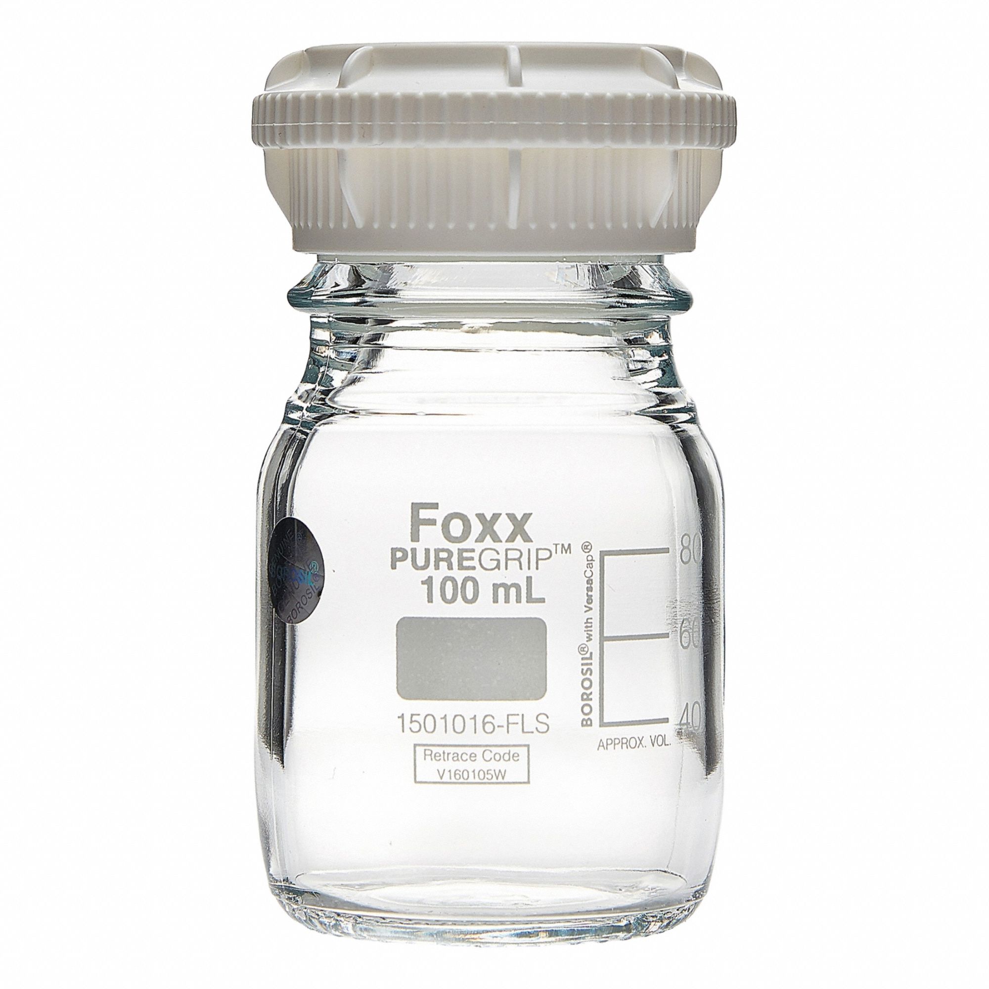 FOXX LIFE SCIENCES Glass Media, BOD, & Specialty Lab Bottles - Glass Lab Media Bottles: 100 mL, GL45 (MPN 1501016-FLS). Key specifications — Closure Type: Screw-On; Mouth Size: Wide; Screw Closure Size: GL45; Brand: FOXX LIFE SCIENCES; Body Color: Colorless.