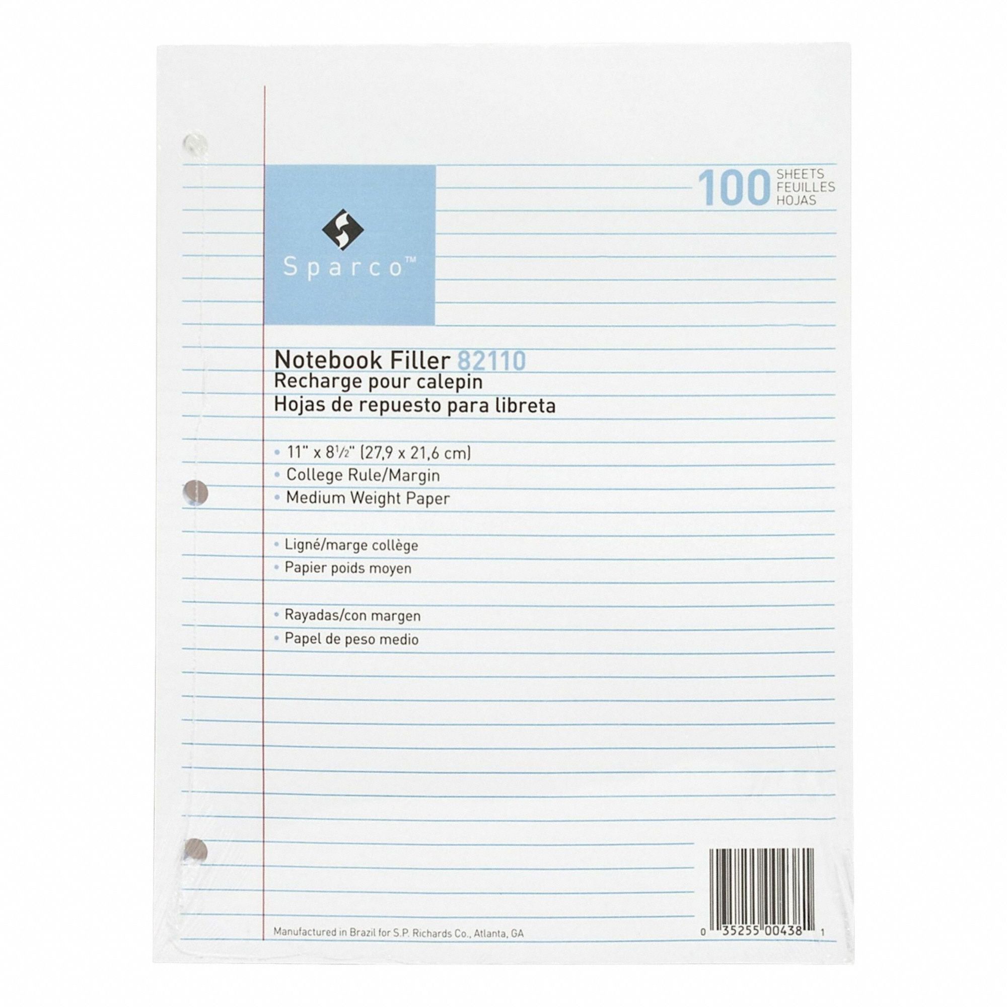 Looseleaf Paper: 16 lb Paper Wt, 0% Recycled Content, White, College, 3 Holes, 100 PK