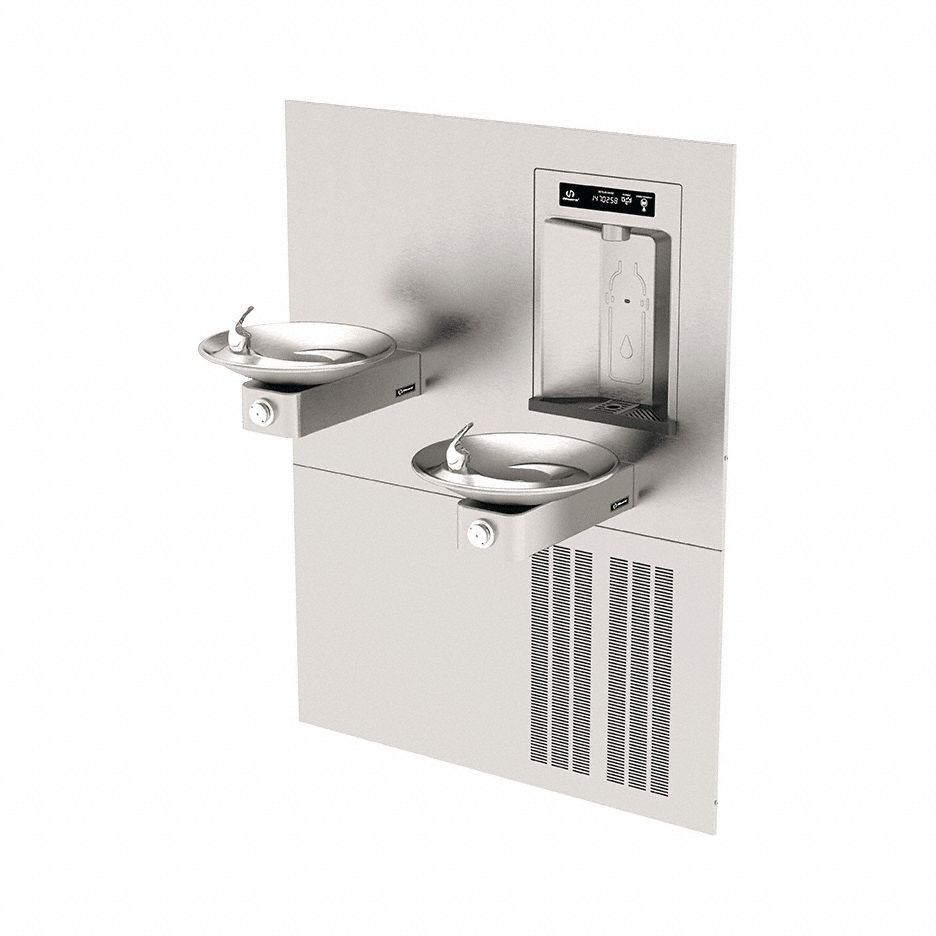 HAWS Drinking Fountain: In-Wall, 8 gph @ 50°F, Push Button Fountain & Touchless Bottle Filler (MPN 1011HSA.8). Key specifications — Brand: HAWS; Housing Material: Stainless Steel; Filter Access: Bottom Panel Access; Housing Finish: Satin; Chilling Capacity: 8 gph @ 50°F; Housing Color: Silver.