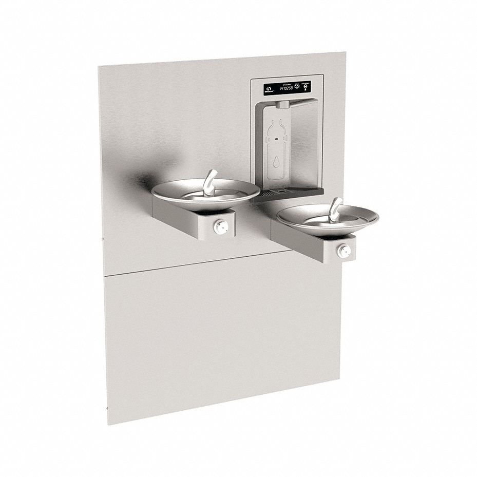 HAWS Drinking Fountain: In-Wall, Non-Refrigerated, Push Button Fountain & Touchless Bottle Filler (MPN 1011HSA). Key specifications — Brand: HAWS; Housing Material: Stainless Steel; Filter Access: Bottom Panel Access; Housing Finish: Satin; Chilling Capacity: Non-Refrigerated; Housing Color: Silver.