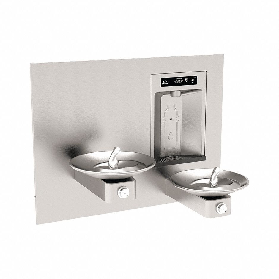 HAWS Drinking Fountain: In-Wall, Non-Refrigerated, Push Button Fountain & Touchless Bottle Filler (MPN 1011HS). Key specifications — Brand: HAWS; Housing Material: Stainless Steel; Filter Access: Rear Access Only; Housing Finish: Satin; Chilling Capacity: Non-Refrigerated; Housing Color: Silver.