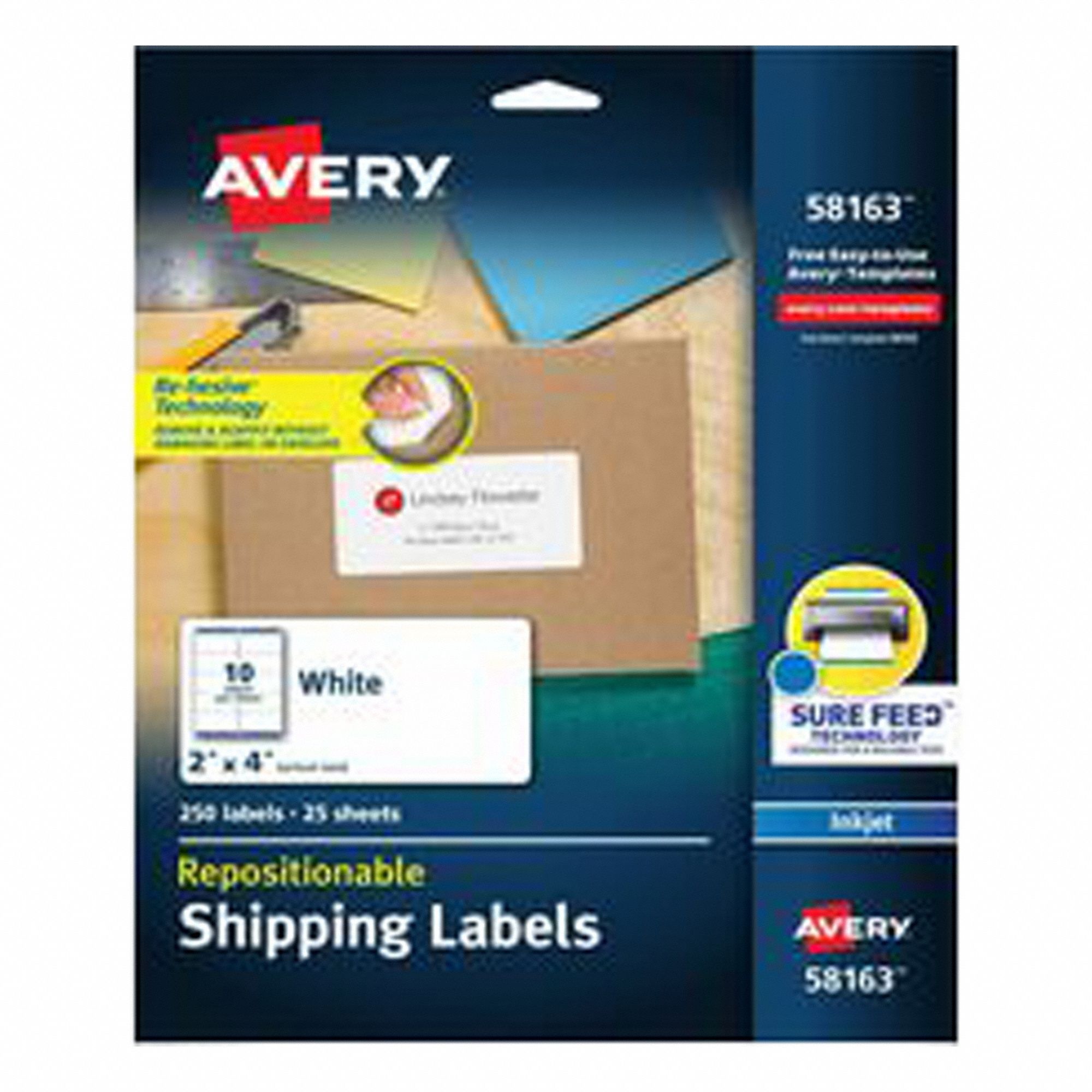 Shipping Label: White, 4 in Label Ht, 2 in Label Wd, 10 Labels per Sheet, 250 Labels, 2 PK