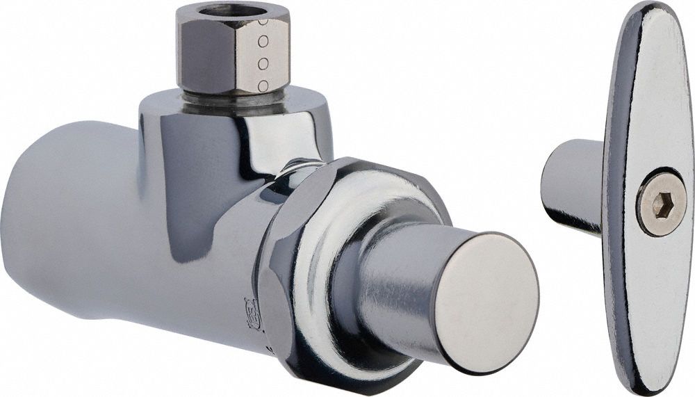 Water Supply Stop: 1/2 in FNPT, 3/8 in Compression, Chrome-Plated Brass, Angle Body
