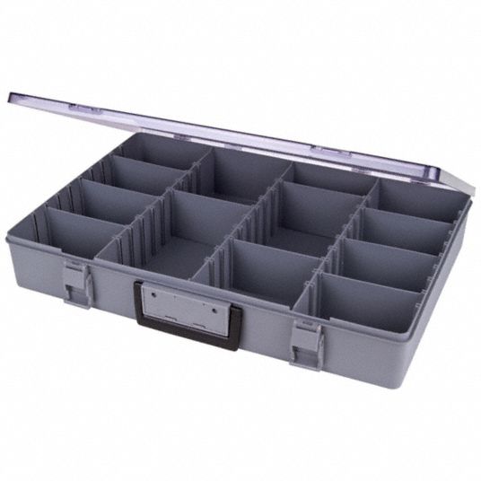 FLAMBEAU Compartment Box: 18 1/2 in x 3 in, Gray, 40 Compartments, 12 Adj  Dividers, Latch