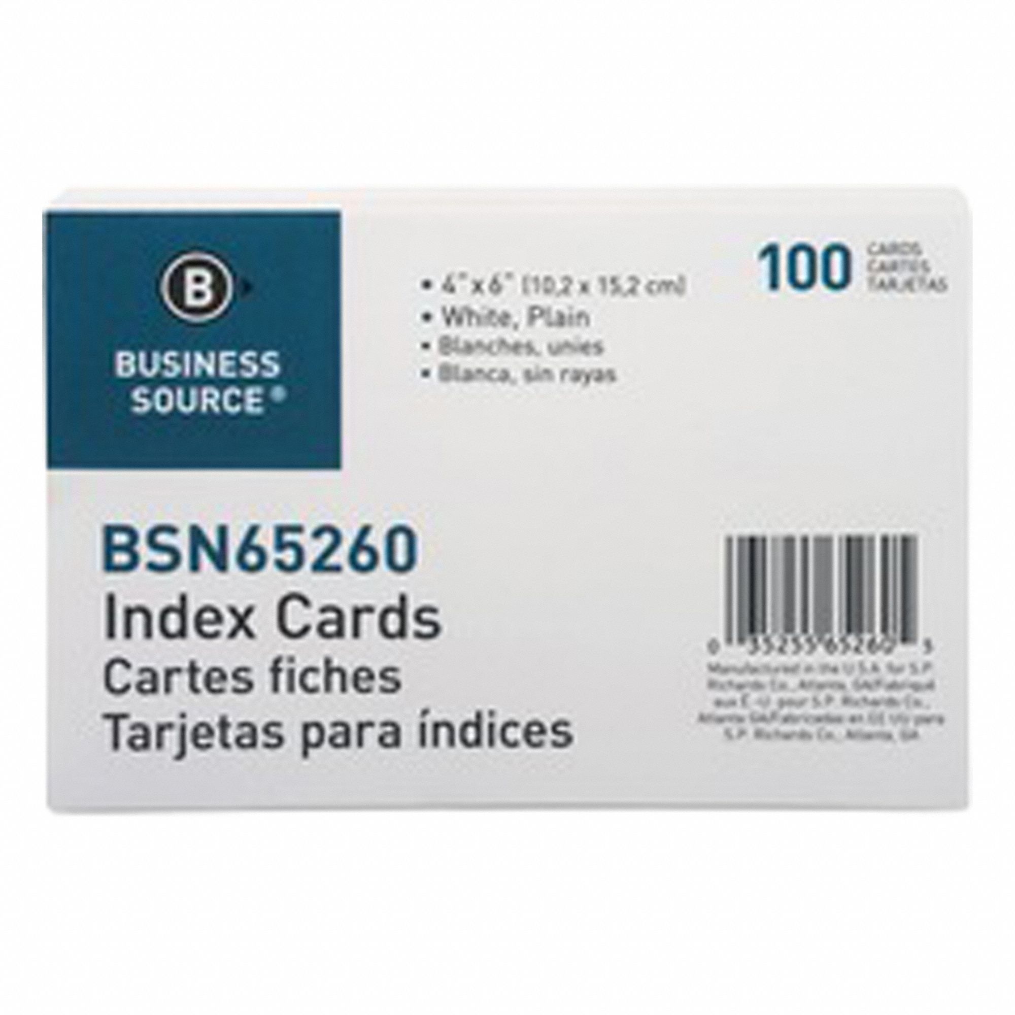 Index Cards: Unruled, 6 in x 4 in Card Size, White, Rotary-Cut, 100 PK