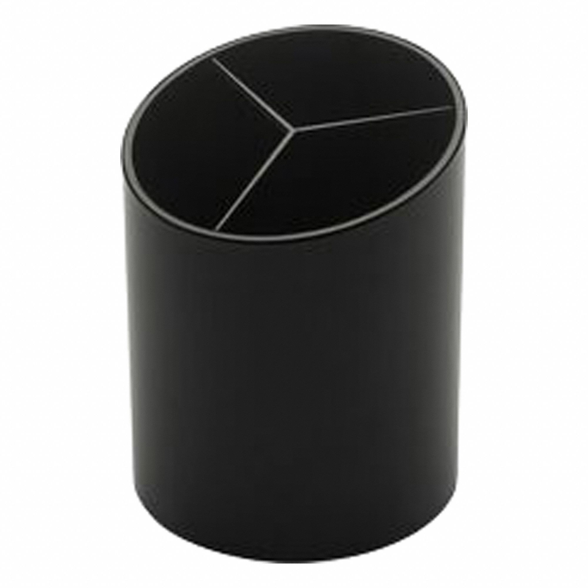 Pencil Holder: 3 Compartments, Plastic, Black, 3 in Overall Ht, 3 in Overall Wd