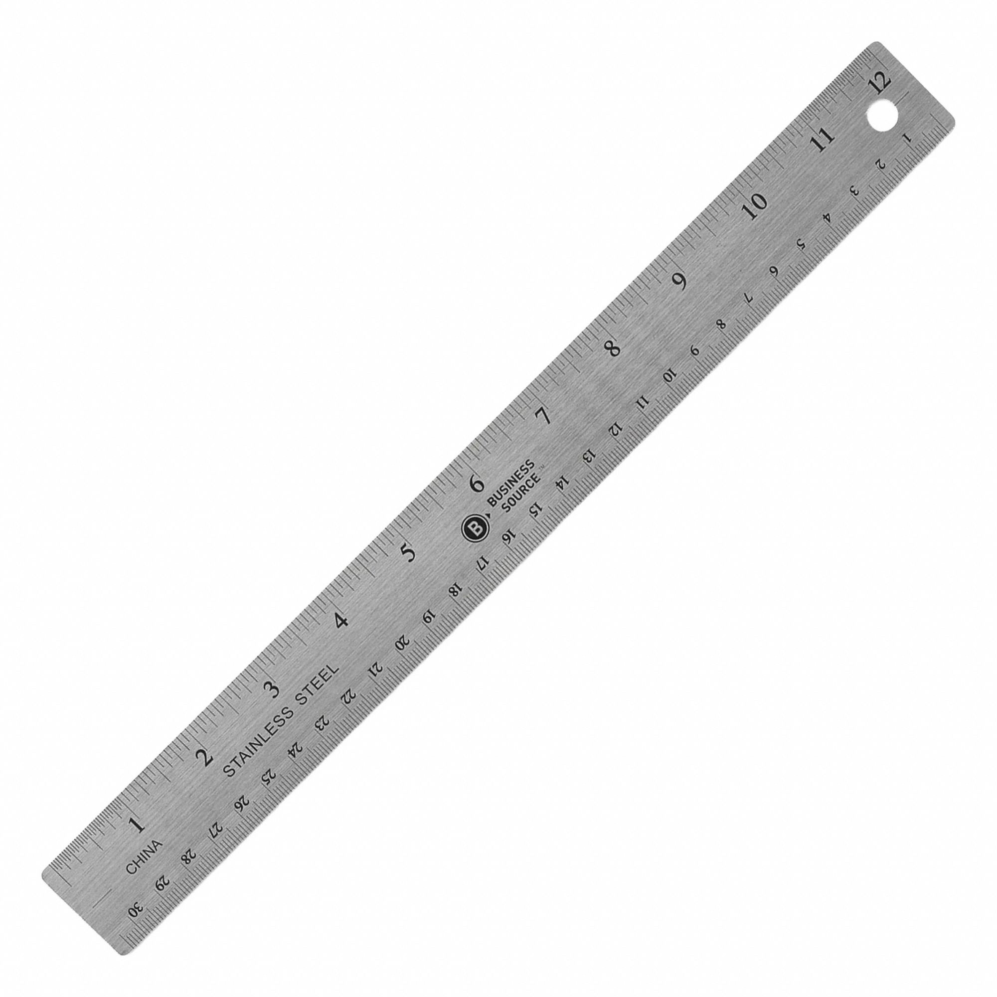 BUSINESS SOURCE Ruler: BSN32361, 12 in / 12 in, 1 mil Thick, 1/16 in/1/32 in, Black, Rigid, Cork. Key specifications — attr939978: 1/32 in; attr934745: BUSINESS SOURCE; attr944508: Vertical; attr939993: Decimal; attr986193: Printed.