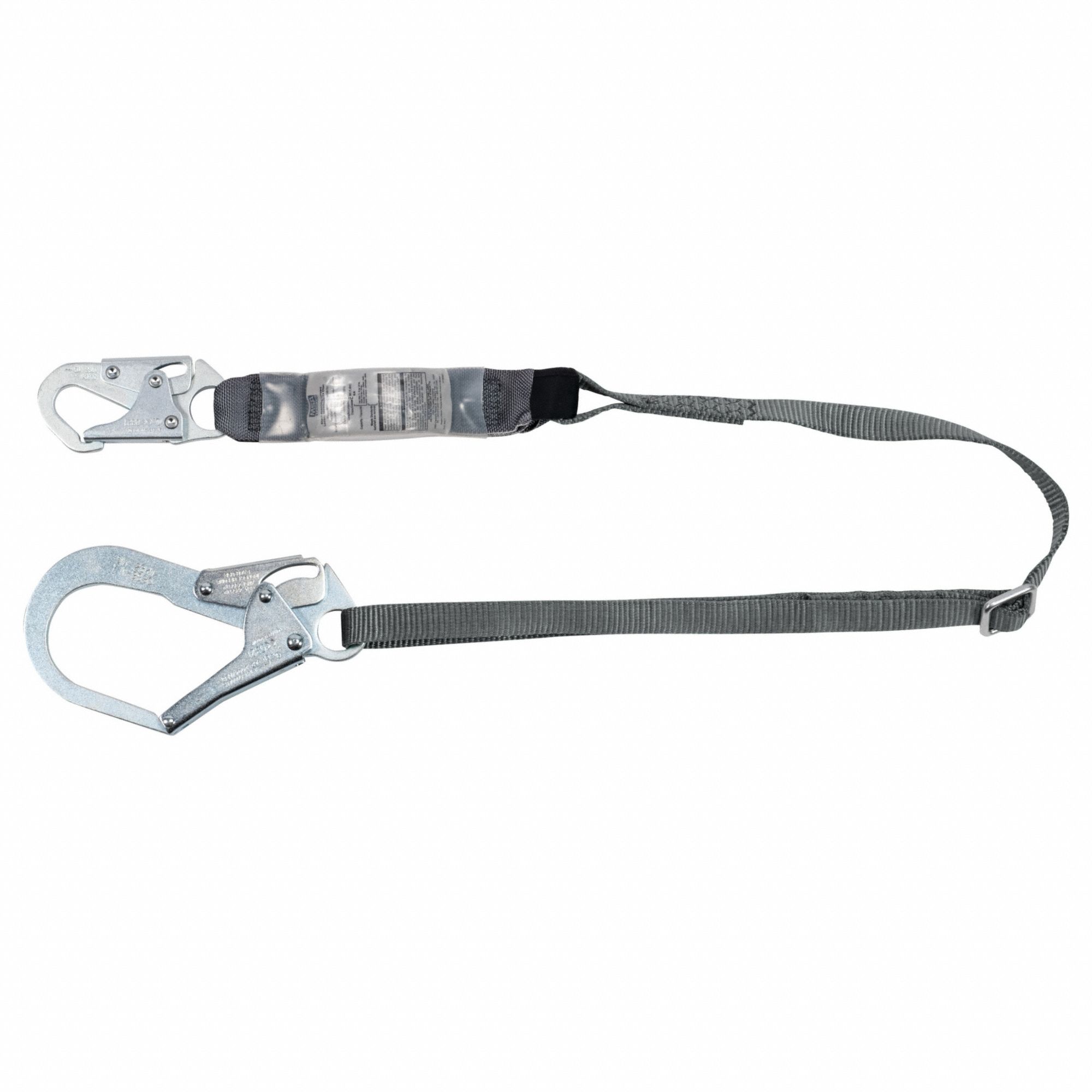 SHOCK-ABSORBING LANYARD, 1 LEG, WEIGHT CAP 150 TO 310 LBS, GREEN/GREY, STEEL HARDWARE