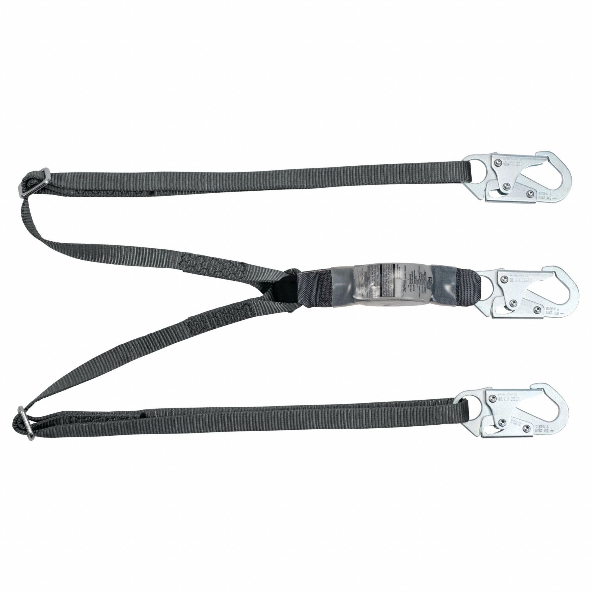 SHOCK-ABSORBING LANYARD, WEIGHT CAP 150 TO 310 LBS, GREEN/GREY, STEEL HARDWARE