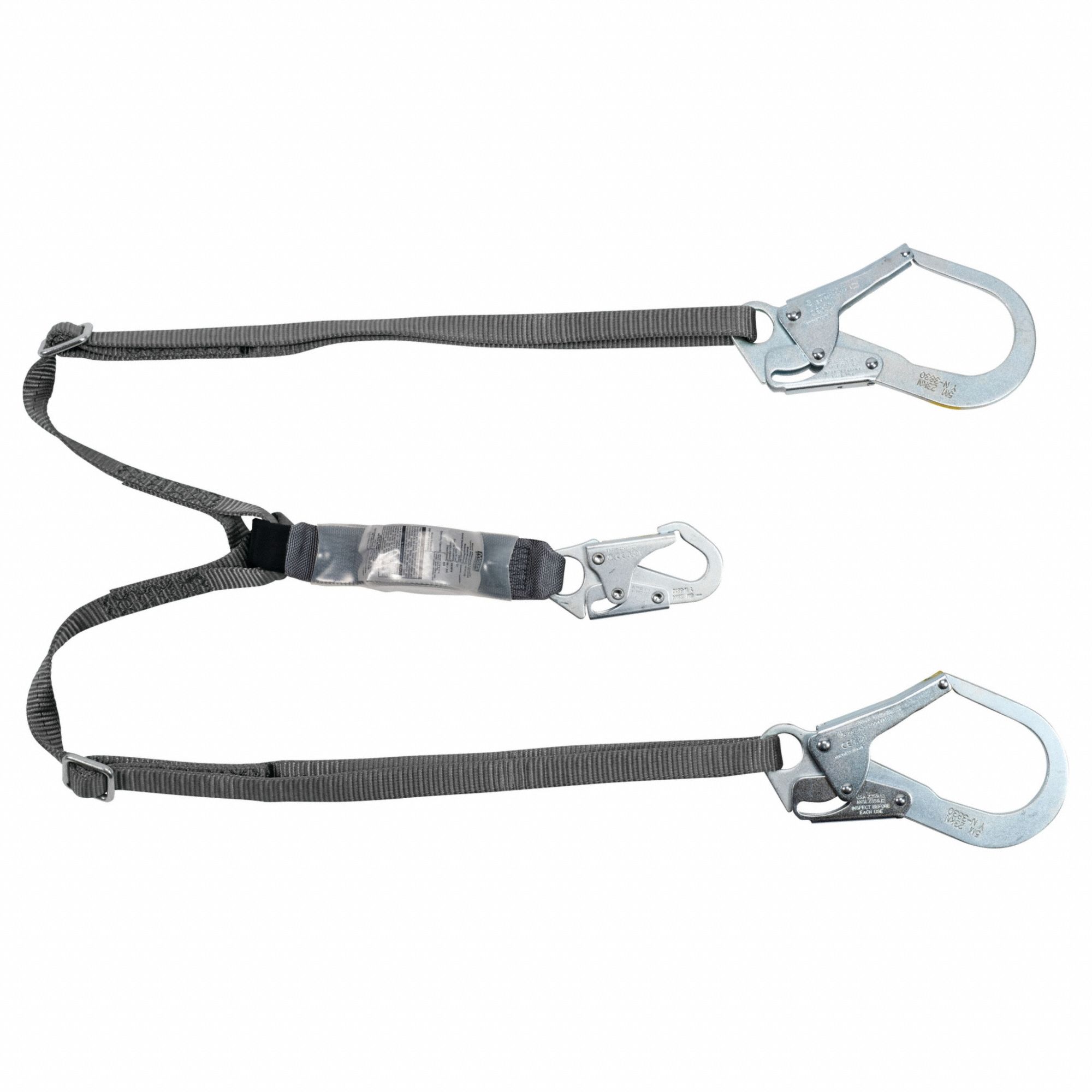 SHOCK-ABSORBING LANYARD, WEIGHT CAP 150 TO 310 LBS, GREEN/GREY, STEEL HARDWARE