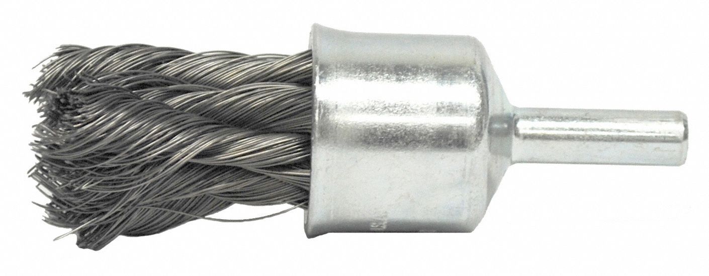 Knot Wire End Brush: Twisted Steel, 1/2 in Dia, 0.01 in Fill Dia, 1/4 in Shank
