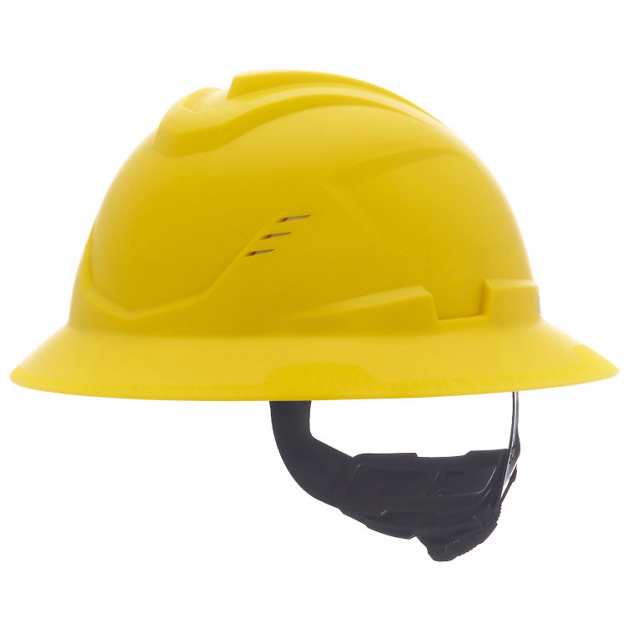 Full Brim Cooling Helmet: Yellow, No Graphics, Ratchet (4-Point), Ratchet, Polyethylene, MSA