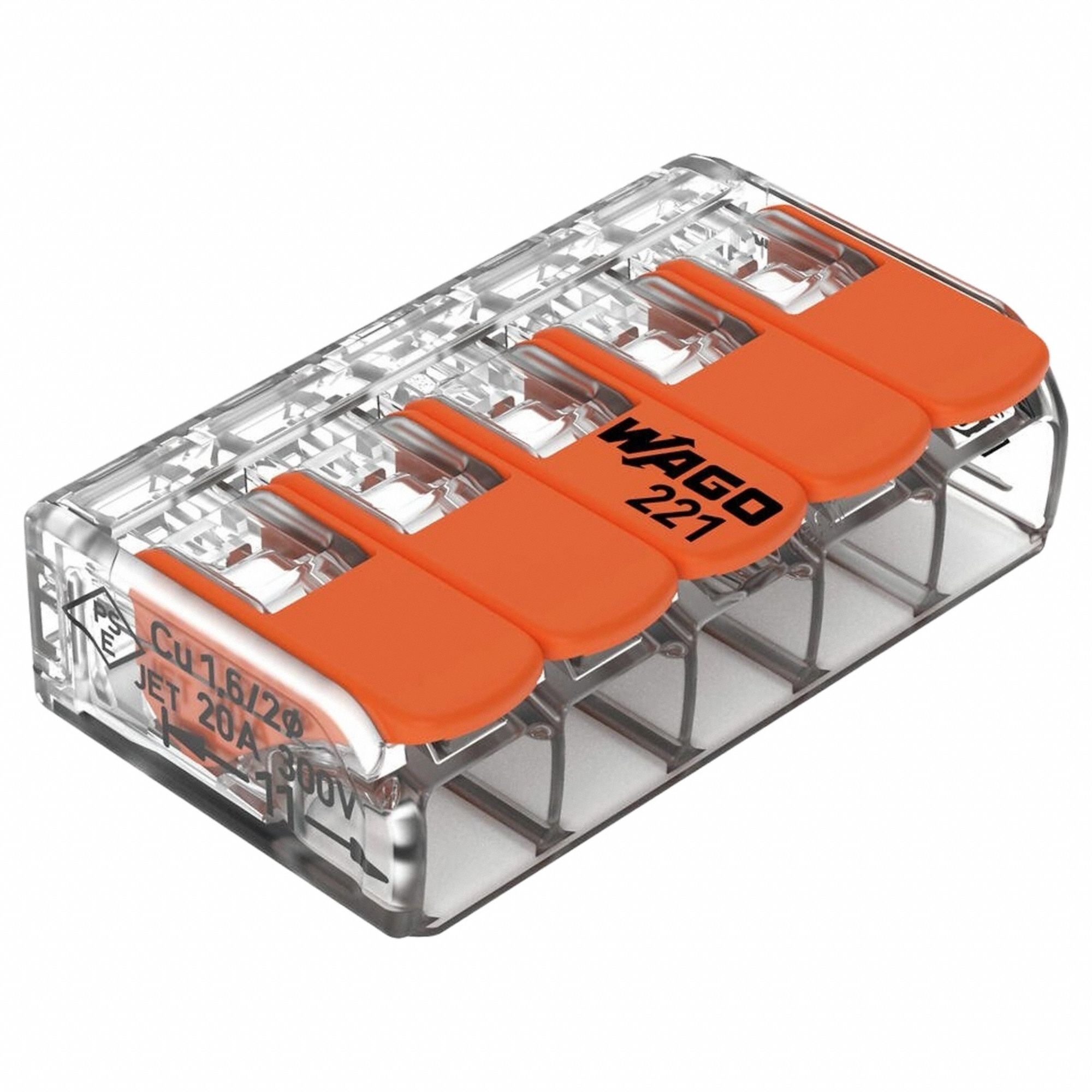 Lever Wire Connector: 5 Port, 24 AWG – 12 AWG Solid Wire Size Range, 32 A, 600 V, 221 Series