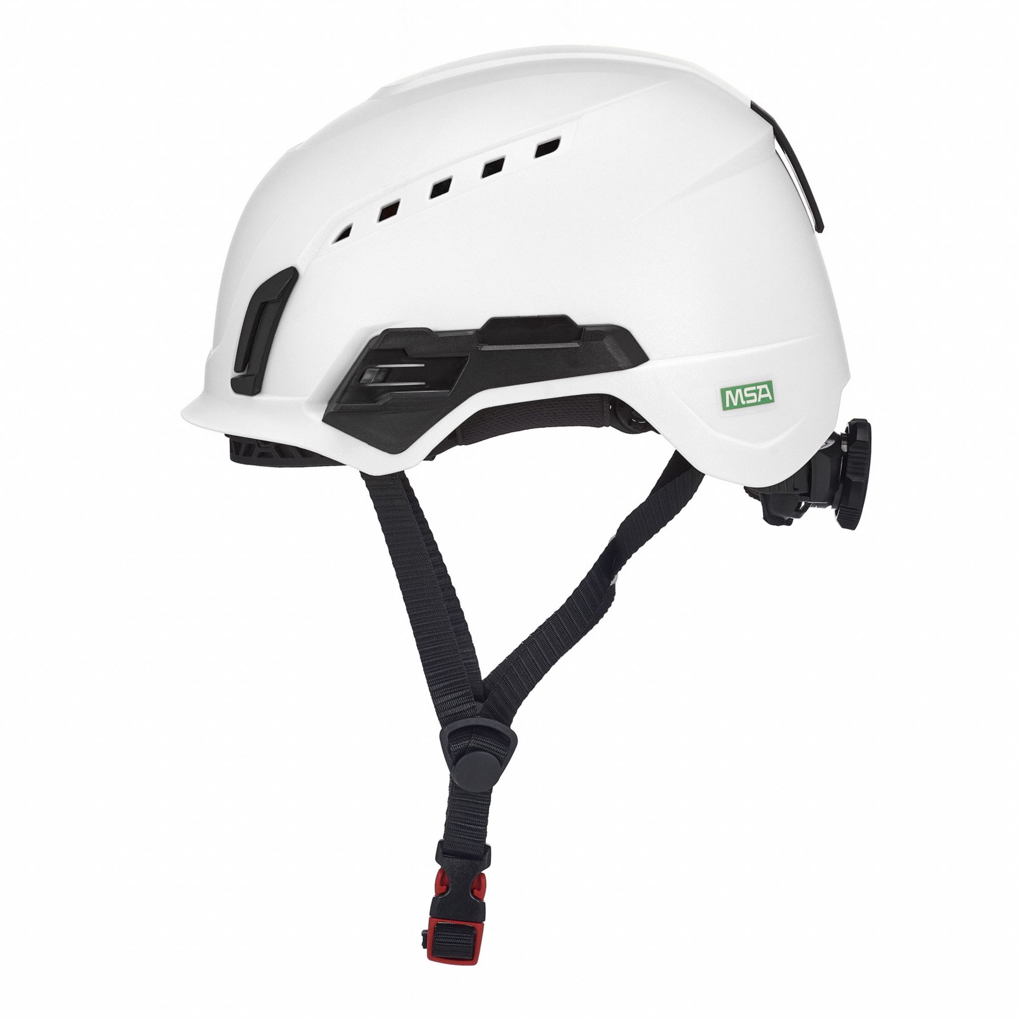 Safety Helmet: White, No Graphics, Ratchet (4-Point), Ratchet, ABS, Side-Slots, MSA, Solid