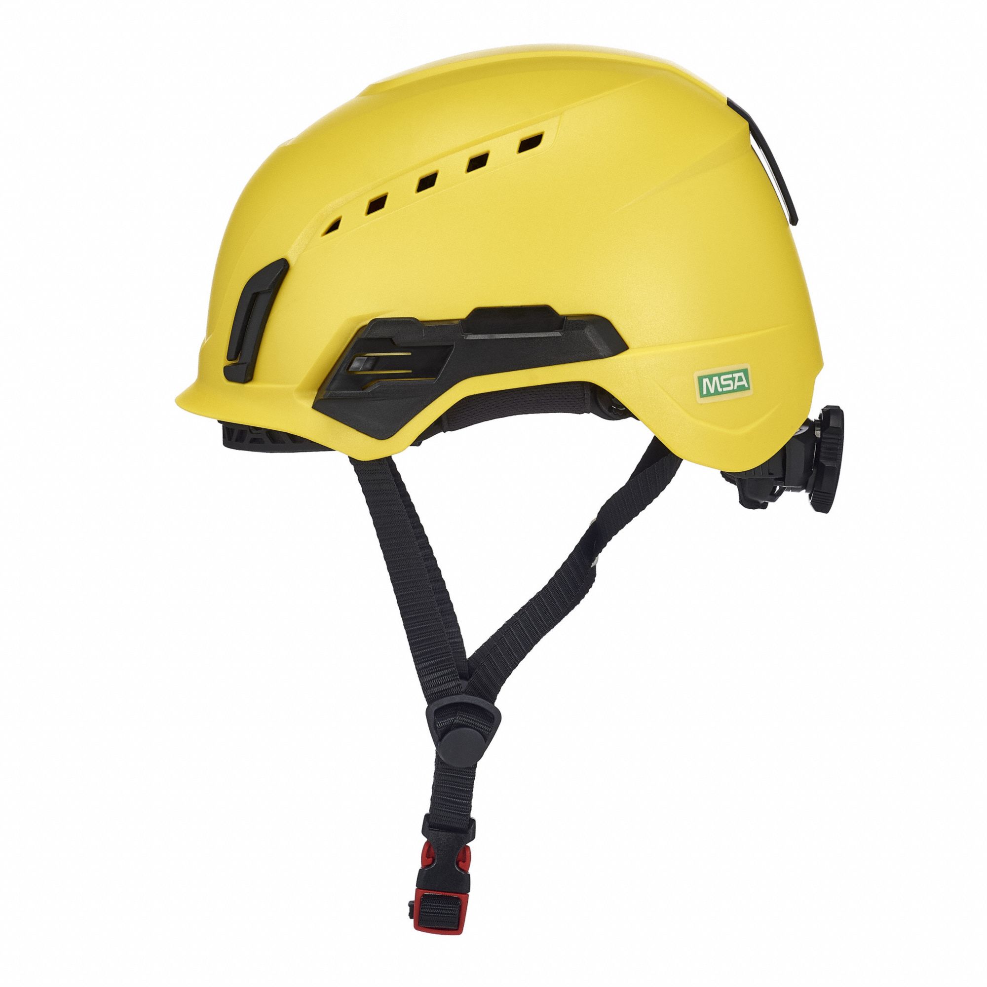 Safety Helmet: Yellow, No Graphics, Ratchet (4-Point), Ratchet, ABS, Side-Slots, MSA, Solid