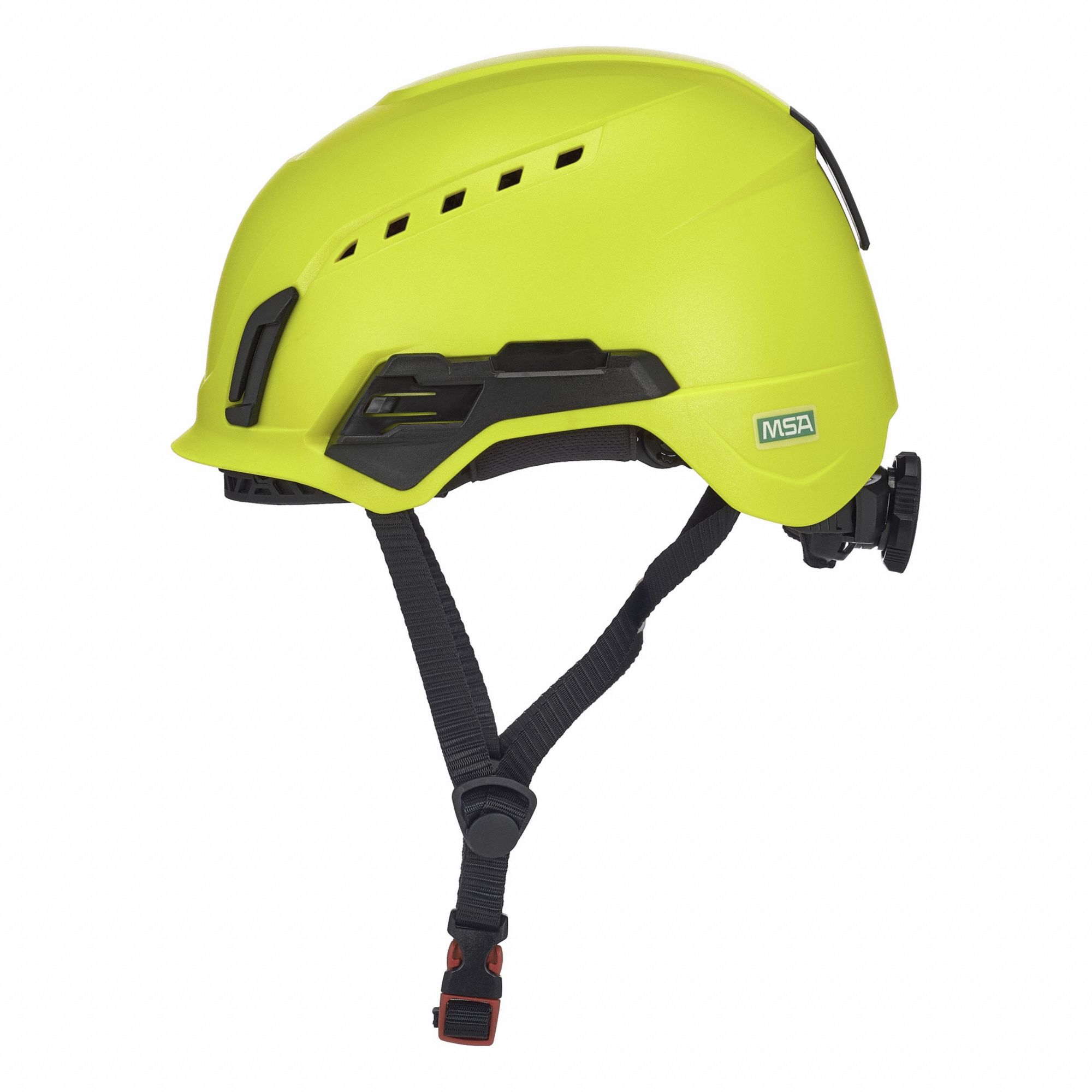 Safety Helmet: Yellow, No Graphics, Ratchet (4-Point), Ratchet, ABS, Headlamp Mount/Side-Slots