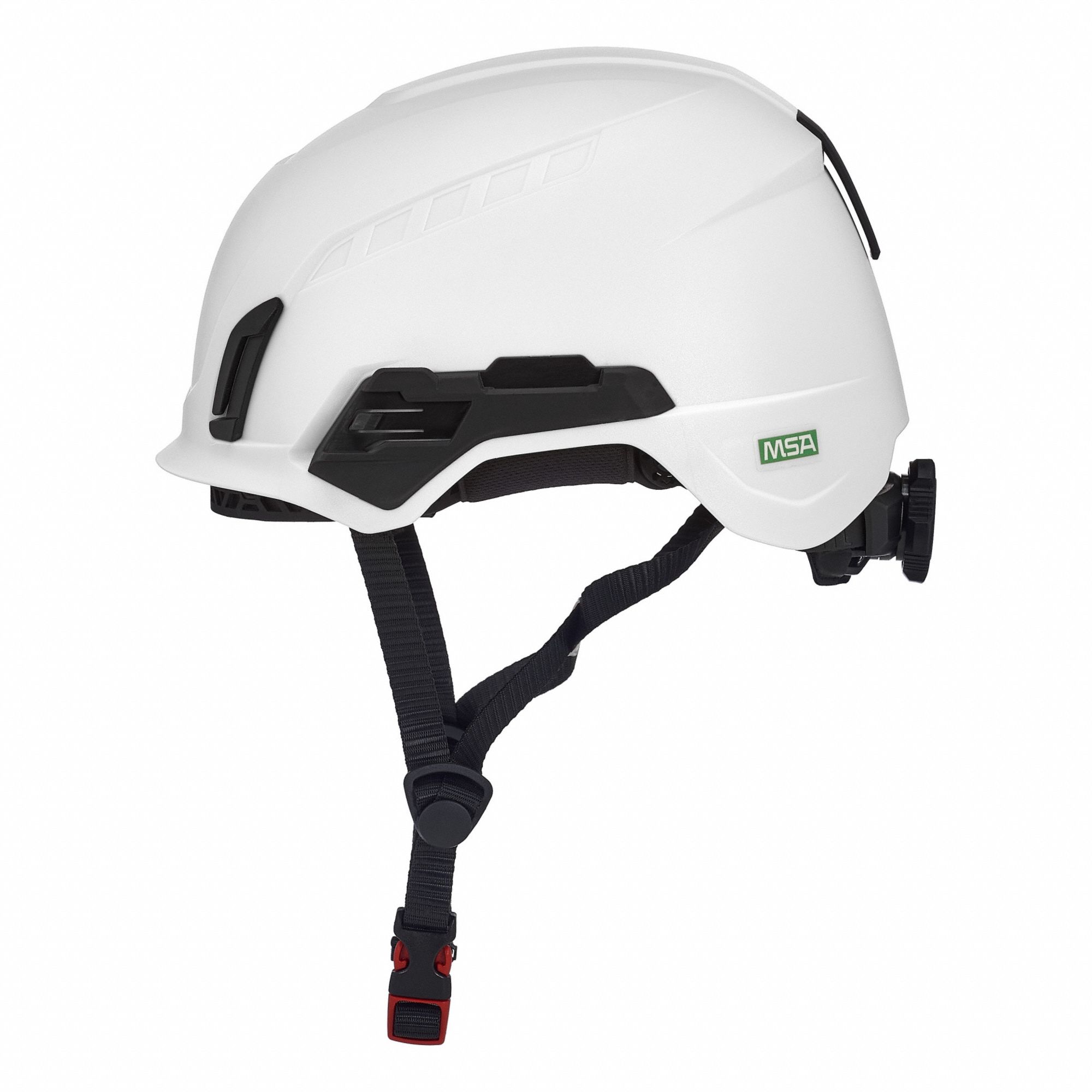 Safety Helmet: White, No Graphics, Ratchet (4-Point), Ratchet, ABS, Side-Slots, MSA, Solid