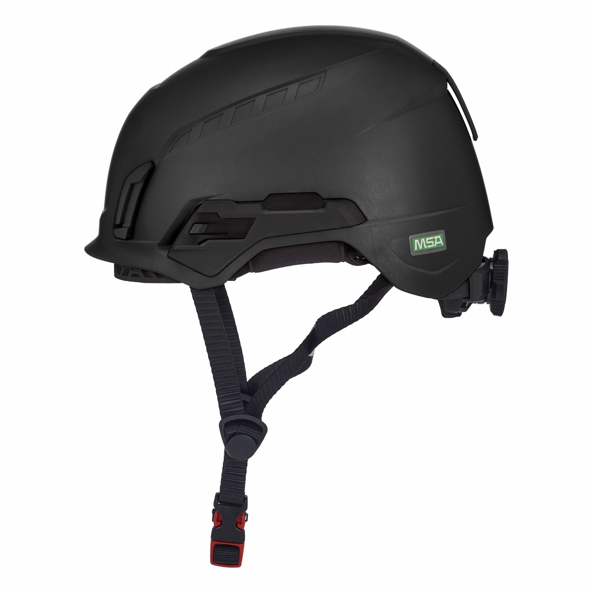 Safety Helmet: Black, No Graphics, Ratchet (4-Point), Ratchet, ABS, Headlamp Mount/Side-Slots