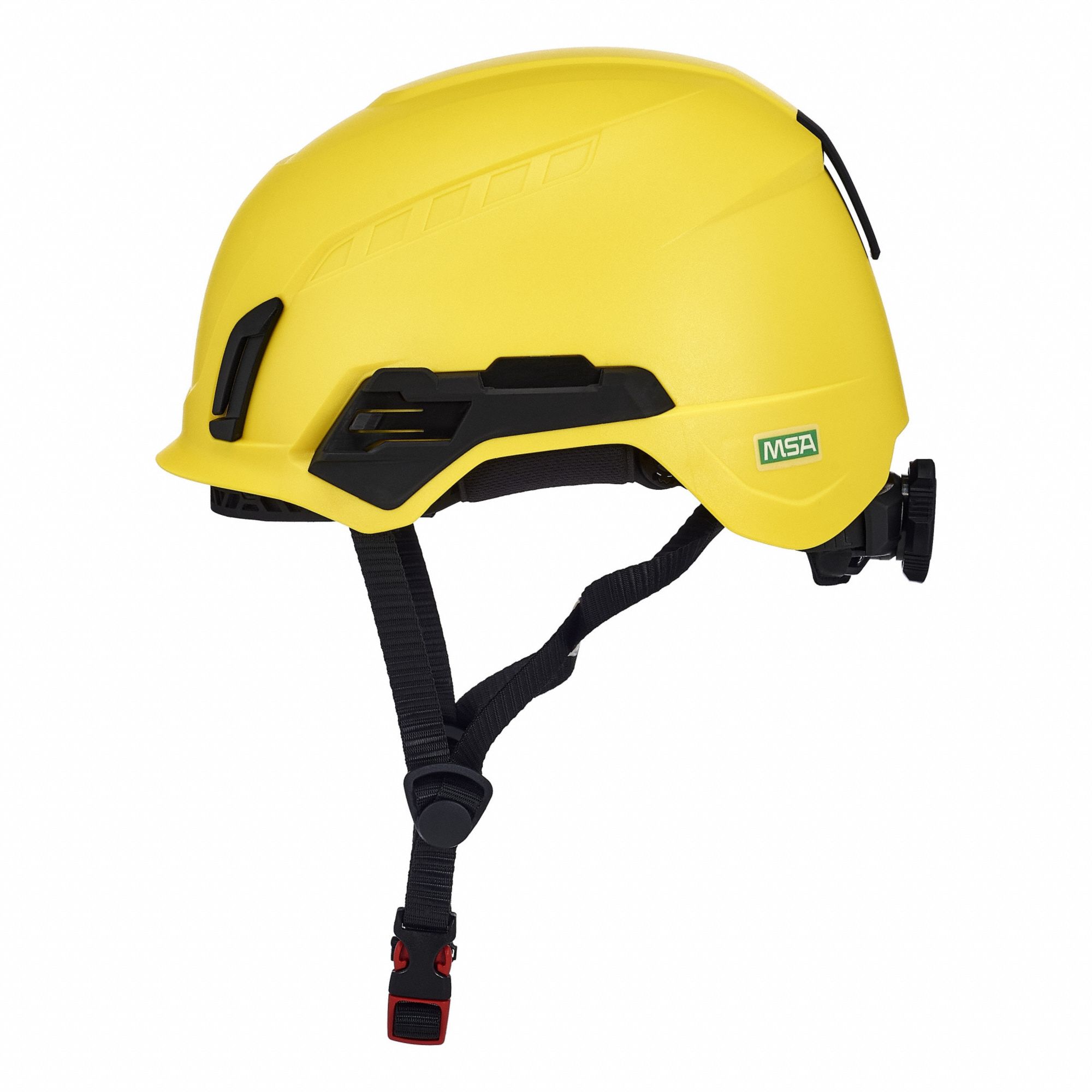 Safety Helmet: Yellow, No Graphics, Ratchet (4-Point), Ratchet, ABS, Side-Slots, MSA, Solid