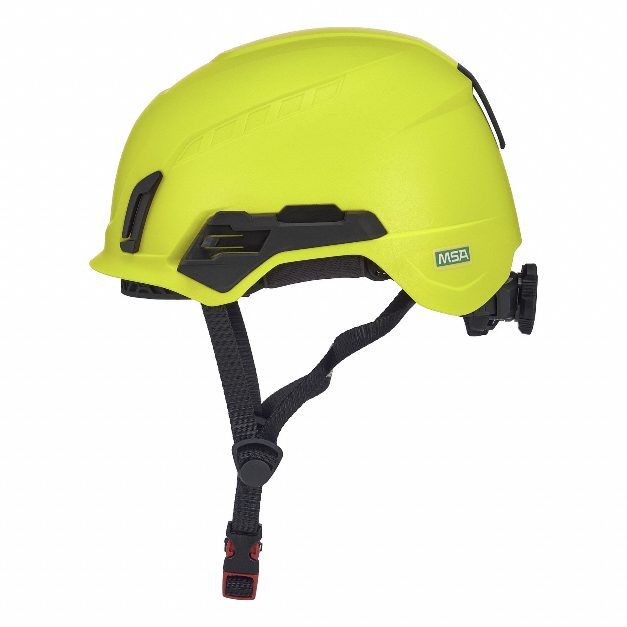 Safety Helmet: Yellow, No Graphics, Ratchet (4-Point), Ratchet, ABS, Headlamp Mount/Side-Slots
