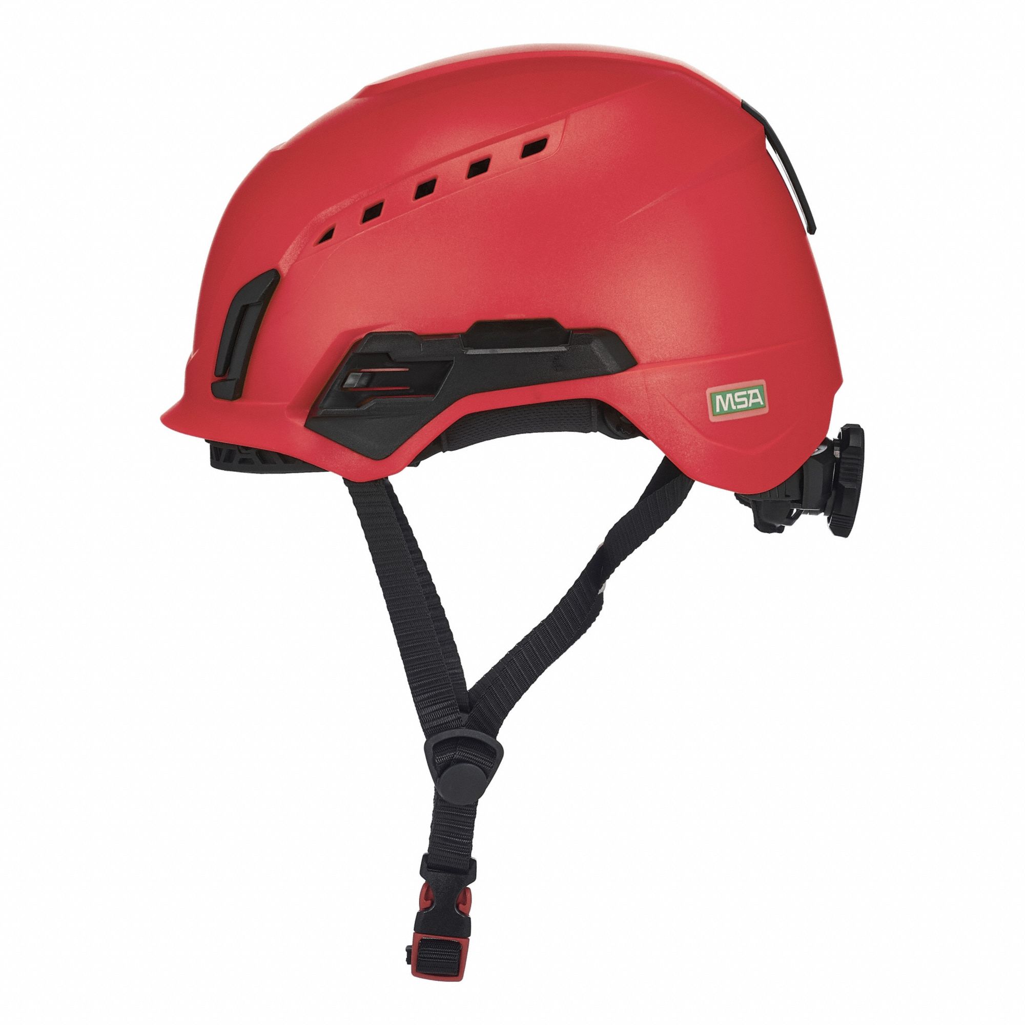 Safety Helmet: Red, No Graphics, Ratchet (4-Point), Ratchet, ABS, Headlamp Mount/Side-Slots, MSA