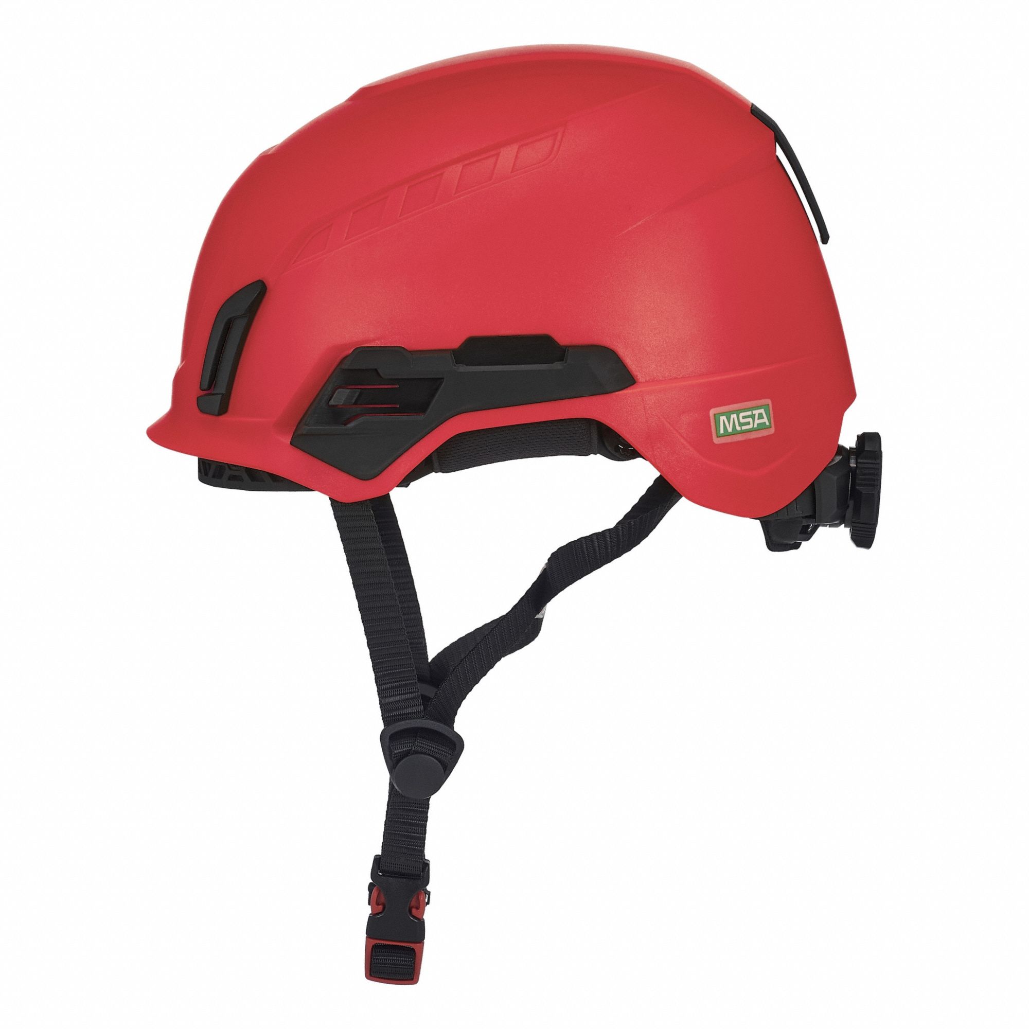Safety Helmet: Red, No Graphics, Ratchet (4-Point), Ratchet, ABS, Headlamp Mount/Side-Slots, MSA