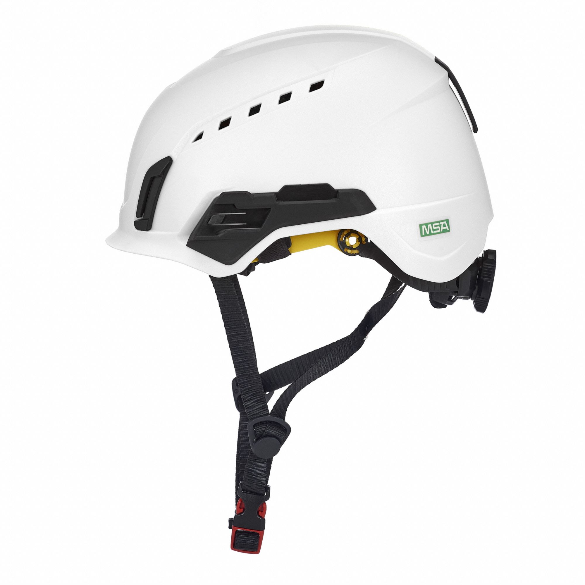 Safety Helmet: White, No Graphics, Ratchet (4-Point), Ratchet, ABS, Side-Slots, MSA, Solid