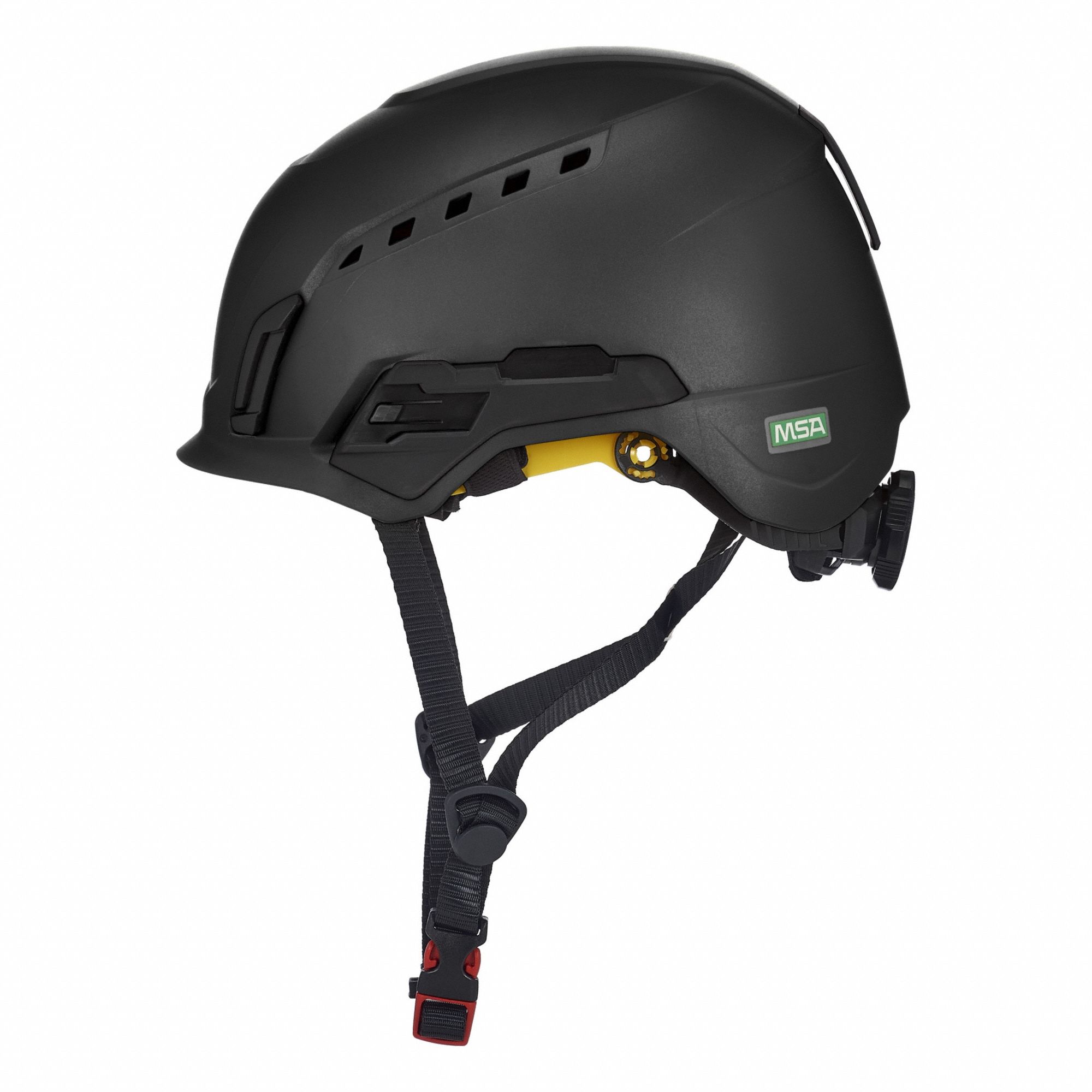 Safety Helmet: Black, No Graphics, Ratchet (4-Point), Ratchet, ABS, Headlamp Mount/Side-Slots