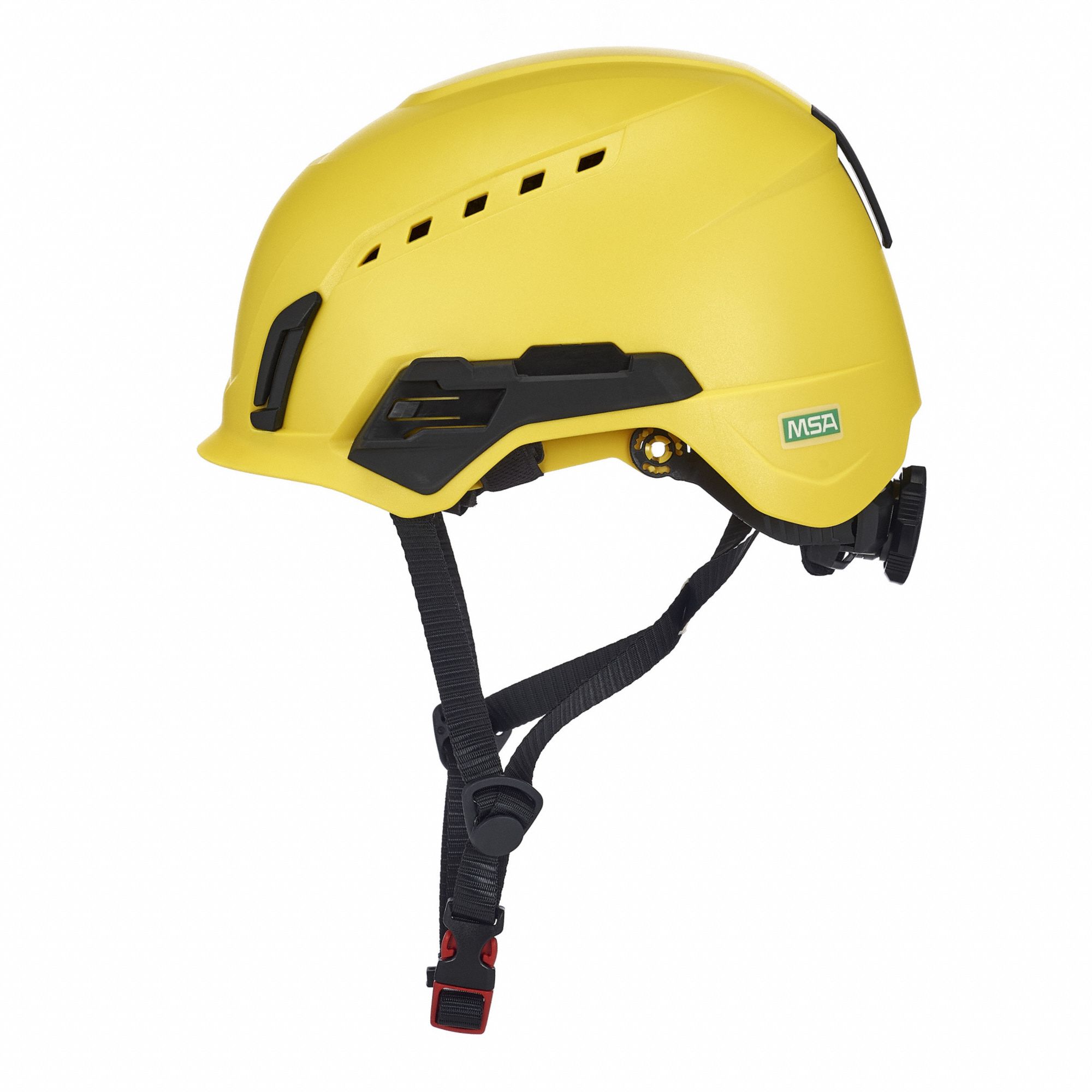 Safety Helmet: Yellow, No Graphics, Ratchet (4-Point), Ratchet, ABS, Side-Slots, MSA, Solid