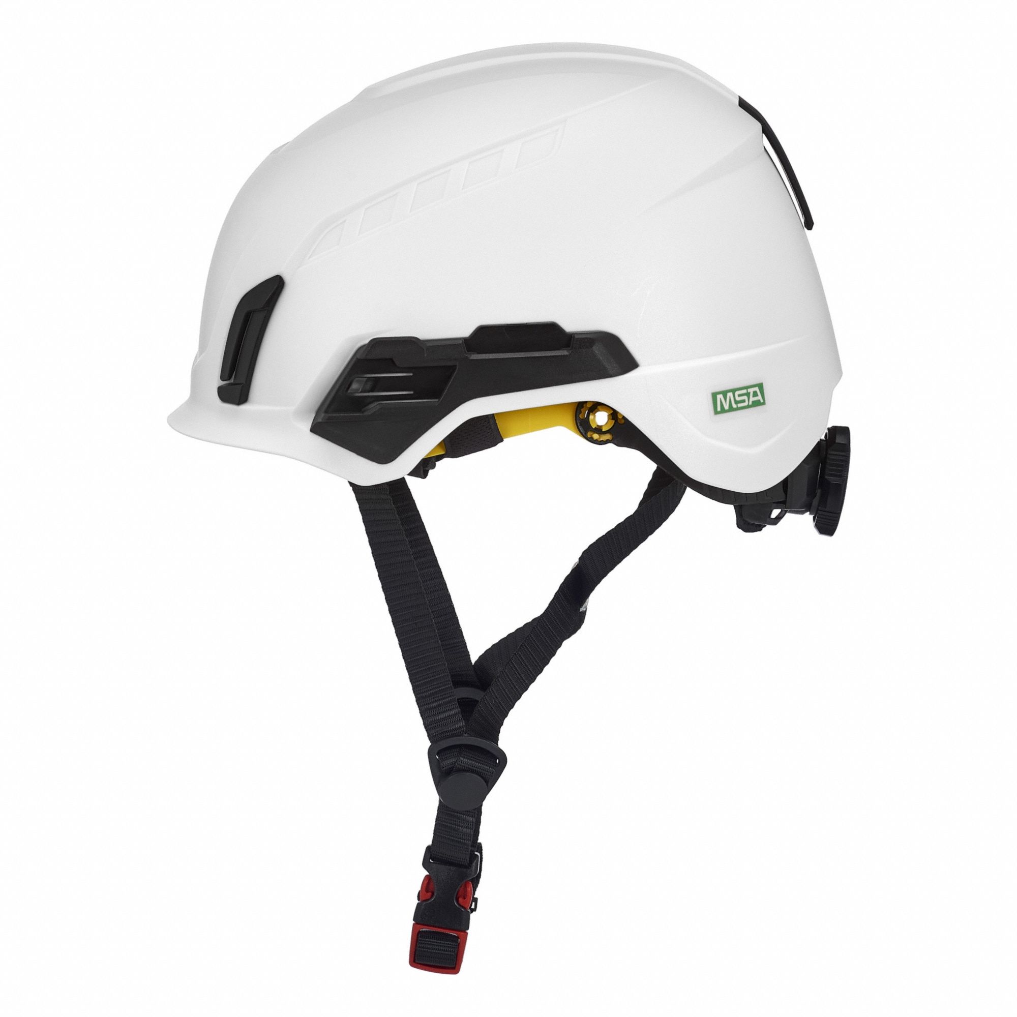 Safety Helmet: White, No Graphics, Ratchet (4-Point), Ratchet, ABS, Side-Slots, MSA, Solid