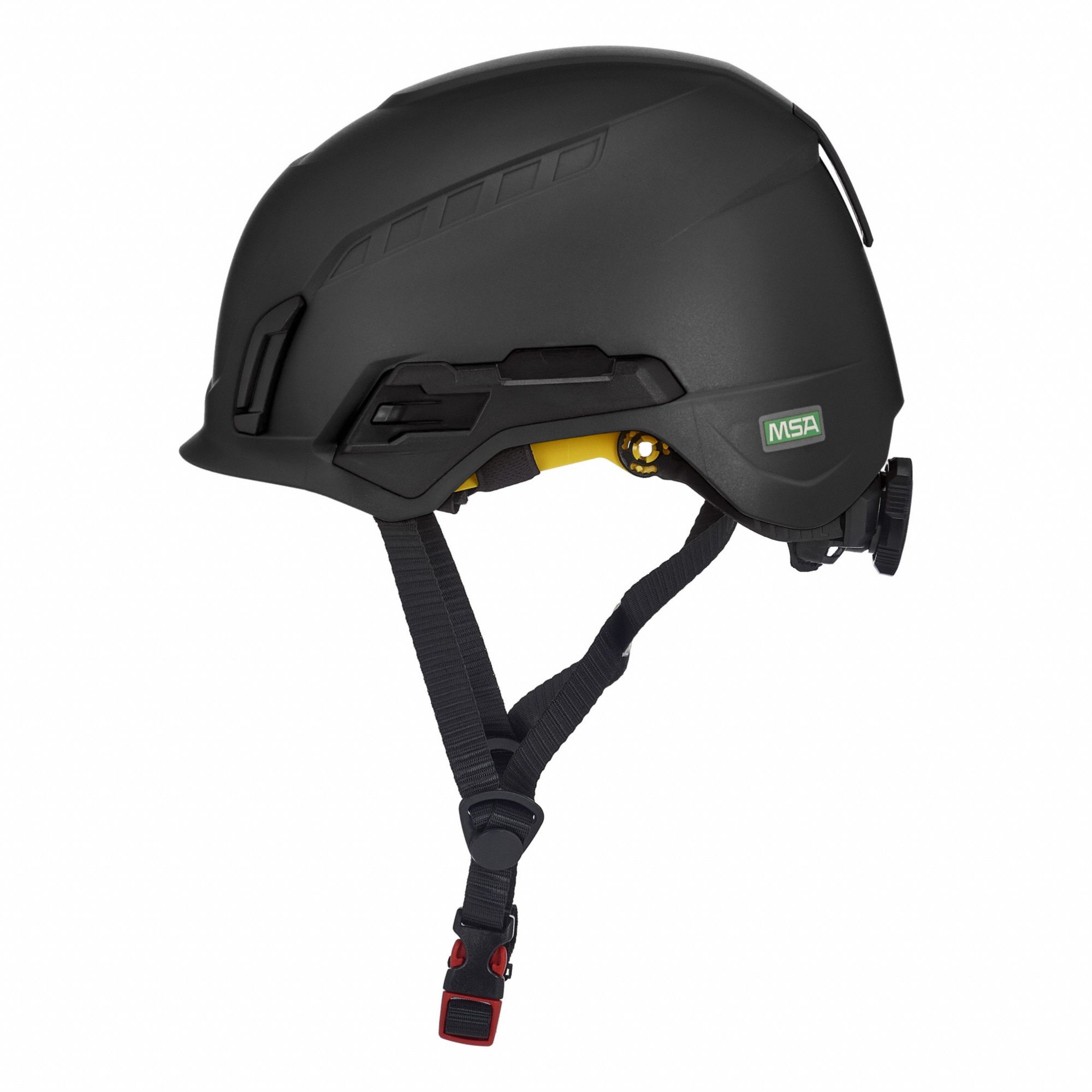 Safety Helmet: Black, No Graphics, Ratchet (4-Point), Ratchet, ABS, Headlamp Mount/Side-Slots