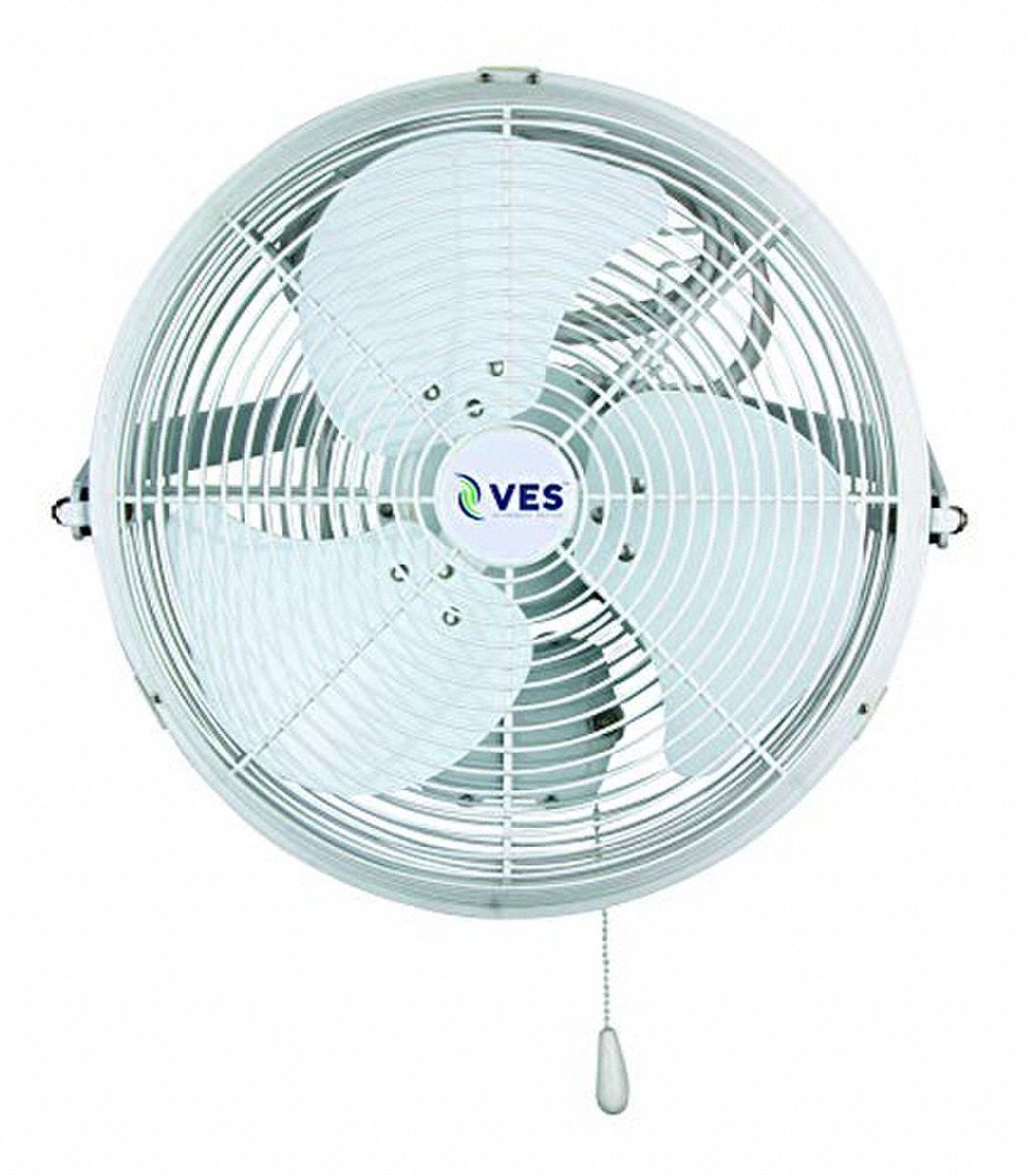 VES-ARTEX Mounted Fan: 18 in Blade Dia, 120V AC, 1/10 hp Motor HP, Wall Mount, Non-Oscillating (MPN 102576). Key specifications — Brand: VES-ARTEX; Voltage: 120V AC; Number of Speeds: 3; Fan Mounting Location: Wall; Oscillation: Non-Oscillating; Mounting Type: Bracket.