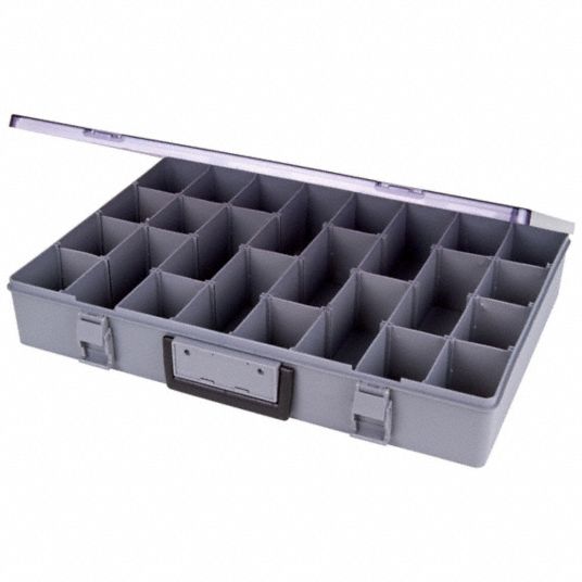 FLAMBEAU Compartment Box: 18 1/2 in x 3 in, Gray, 32 Compartments, 12 Adj  Dividers, Latch