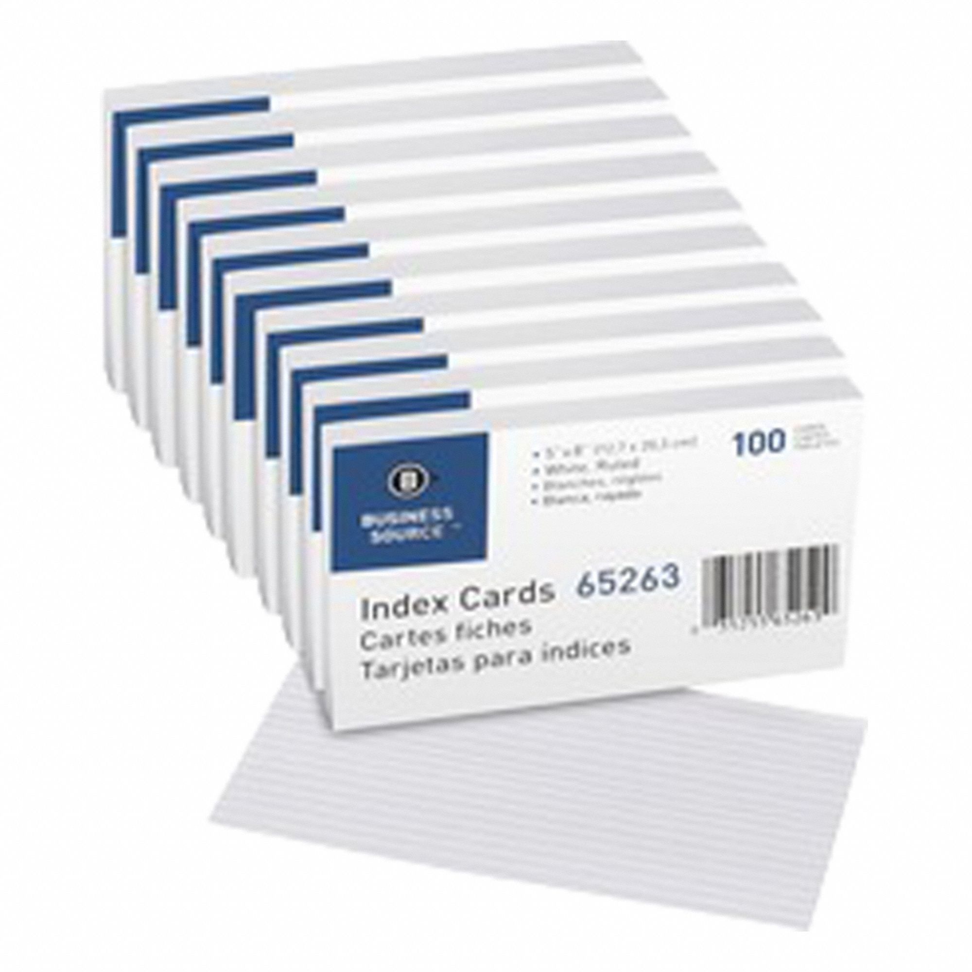Index Cards: Ruled, 8 in x 5 in Card Size, White, Rotary-Cut, 5 PK