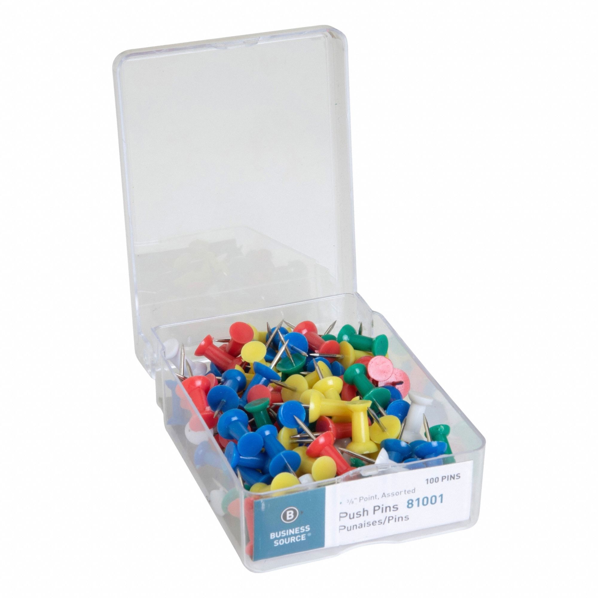 Push Pin: Round, Assorted, 3/8 in Overall Lg, Steel, 100 PK