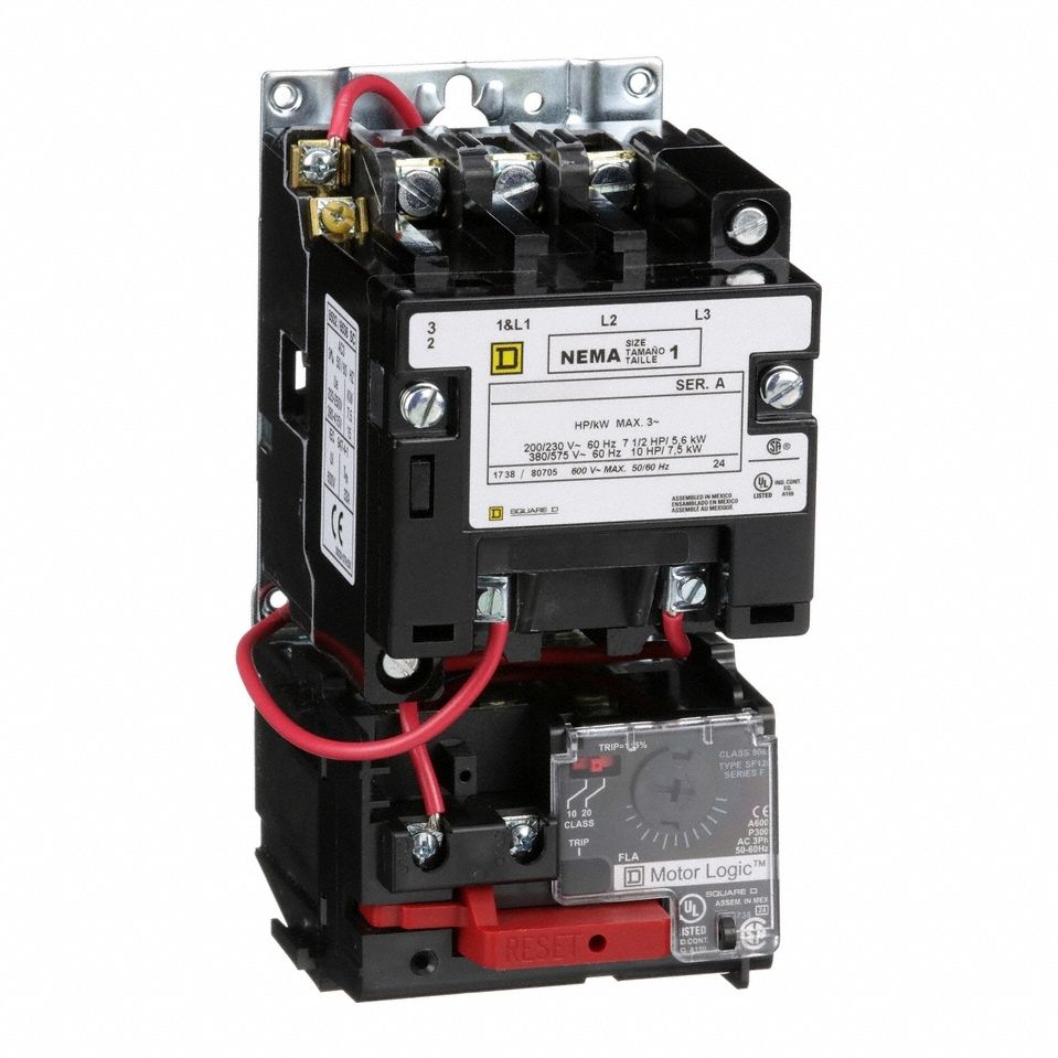 NEMA Magnetic Motor Starter: Non-Reversing, 3 Poles, NEMA Size 1, 27 A, 120V AC Coil