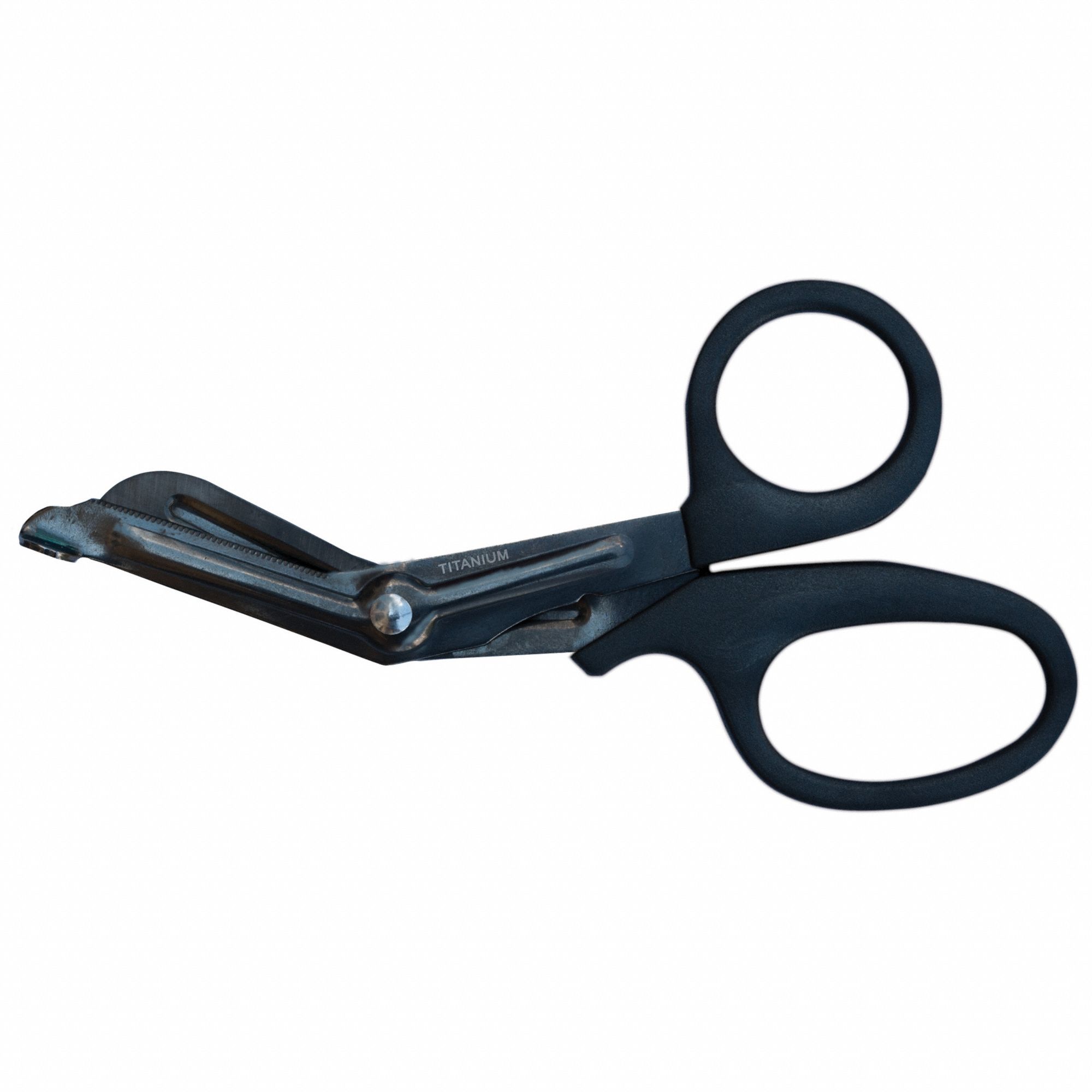 Shears: Shear, Titanium, Angled/Rounded, Plastic, 7 1/2 in Overall Lg, Reusable, Black
